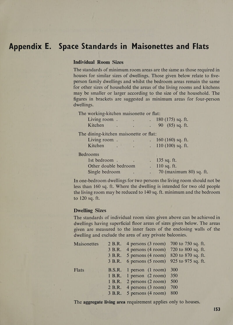 Appendix E. Space Standards in Maisonettes and Flats Individual Room Sizes The standards of minimum room areas are the same as those required in houses for similar sizes of dwellings. Those given below relate to five- person family dwellings and whilst the bedroom areas remain the same for other sizes of household the areas of the living rooms and kitchens may be smaller or larger according to the size of the household. The figures in brackets are suggested as minimum areas for four-person dwellings. The working-kitchen maisonette or flat: Living room . Se LOULU DIO iSCatt. Kitchen e908 (Sa)sqidt. The dining-kitchen maisonette or flat: Living room . , . 160 (160) sq. ft. Kitchen é : . 110 (100) sq. ft. Bedrooms Ist bedroom . a LSS sqait, Other double bedroom mel lO:squits Single bedroom . 70 (maximum 80) sq. ft. In one-bedroom dwellings for two persons the living room should not be less than 160 sq. ft. Where the dwelling is intended for two old people the living room may be reduced to 140 sq. ft. mintmum and the bedroom to 120 sq. ft. Dwelling Sizes The standards of individual room sizes given above can be achieved in dwellings having superficial floor areas of sizes given below. The areas given are measured to the inner faces of the enclosing walls of the dwelling and exclude the area of any private balconies. Maisonettes 2 B.R. 4 persons (3 room) 700 to 750 sq. ft. 3 B.R. 4 persons (4 room) 720 to 800 sq. ft. 3 B.R. 5 persons (4 room) 820 to 870 sq. ft. 3 B.R. 6 persons (5 room) 925 to 975 sq. ft. Flats B.S.R. 1 person (1 room) 300 TRB Reale Detsonen 2, 2001)) aro 20 1 B.R. 2 persons (2 room) 500 2 B.R. 4 persons (3 room) 700 3 B.R. 5 persons (4 room) 800 The aggregate living area requirement applies only to houses.