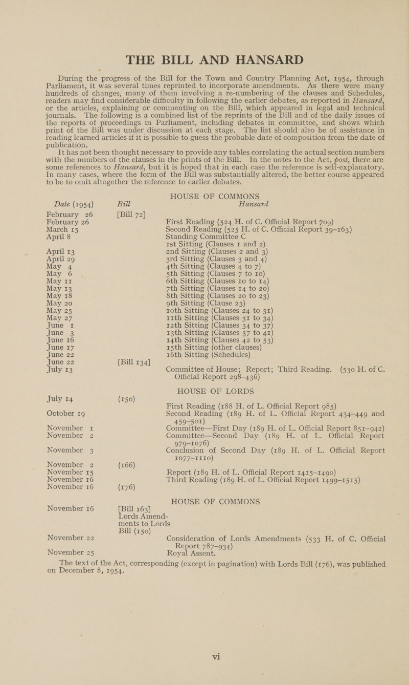 THE BILL AND HANSARD During the progress of the Bill for the Town and Country Planning Act, 1954, through Parliament, it was several times reprinted to incorporate amendments. As there were many hundreds of changes, many of them involving a re-numbering of the clauses and Schedules, readers may find considerable difficulty in following the earlier debates, as reported in Hansard, or the articles, explaining or commenting on the Bill, which appeared in legal and technical journals. The following is a combined list of the reprints of the Bill and of the daily issues of the reports of proceedings in Parliament, including debates in committee, and shows which print of the Bill was under discussion at each stage. The list should also be of assistance in reading learned articles if it is possible to guess the probable date of composition from the date of publication. It has not been thought necessary to provide any tables correlating the actual section numbers with the numbers of the clauses in the prints of the Bill. In the notes to the Act, post, there are some references to Hansard, but it is hoped that in each case the reference is self-explanatory. In many cases, where the form of the Bill was substantially altered, the better course appeared to be to omit altogether the reference to earlier debates. HOUSE OF COMMONS Date (1954) Bill Hansard February 26 [Bill 72] February 26 First Reading (524 H. of C. Official Report 709) March 15 Second Reading (525 H. of C. Official Report 39-163) April 8 Standing Committee C 1st Sitting (Clauses 1 and 2) April 13 and Sitting (Clauses 2 and 3) April 29 3rd Sitting (Clauses 3 and 4) May 4 4th Sitting (Clauses 4 to 7) May 6 |. 5th Sitting (Clauses 7 to I0) May II 6th Sitting (Clauses ro to 14) May 13 7th Sitting (Clauses 14 to 20) May 18 8th Sitting (Clauses 20 to 23) May 20 oth Sitting (Clause 23) May 25 toth Sitting (Clauses 24 to 31) May 27 11th Sitting (Clauses 31 to 34) june 1 12th Sitting (Clauses 34 to 37) June 3 13th Sitting (Clauses 37 to 41) June 16 14th Sitting (Clauses 42 to 53) June 17 15th Sitting (other clauses) Juine-22 16th Sitting (Schedules) June 22 [Bill 134] July 13 Committee of House; Report; Third Reading. (530 H. of C. Official Report 298-436) HOUSE OF- LORDS July 14 (150) First Reading (188 H. of L. Official Report 985) October 19 Second ok (189 H. of L. Official Report 434-449 and 459-501 November 1 Committee—First Day (189 H. of L. Official Report 851-942) November 2 Committee—Second Day (189 H. of L. Official Report 979-1076) November 3 Conclusion of Second Day (189 H. of L. Official Report I077-III0) November 2 (166) November 15 Report (189 H. of L. Official Report 1415-1490) November 16 Third Reading (189 H. of L. Official Report 1499-1515) November 16 (176) HOUSE OF COMMONS November 16 [Bill 163] Lords Amend- ments to Lords Bill (150) November 22 Consideration of Lords Amendments (533 H. of C. Official Report 787-934) November 25 Royal Assent. The text of the Act, corresponding (except in pagination) with Lords Bill (176), was published on December 8, 1954.