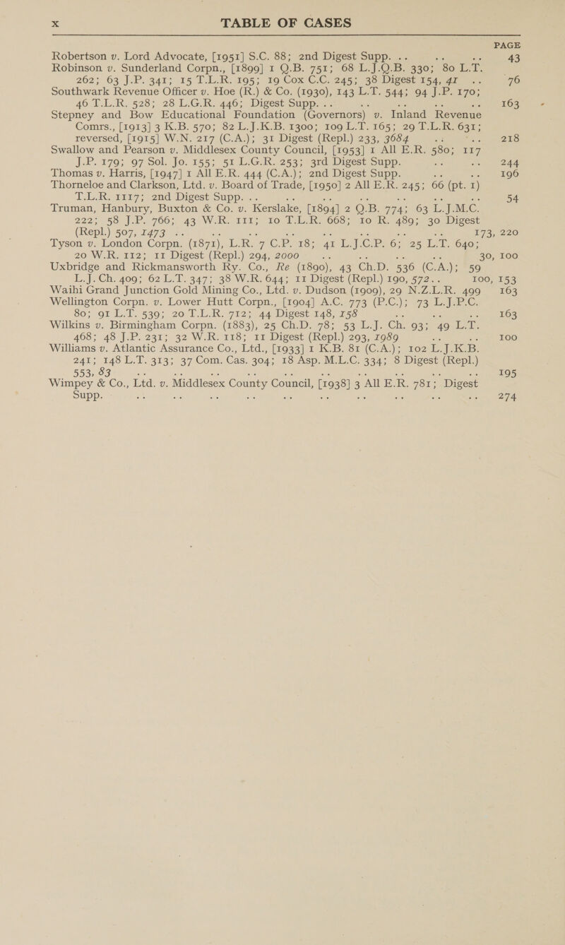 PAGE Robertson v. Lord Advocate, [1951] S.C. 88; 2nd Digest Supp. .. A ab 43 Robinson v. Sunderland Corpn., [1899] 1 Q.B. 751; 68 L.J.Q.B. 330; 80 L.T. 262, 63 J.P. 341; 15 TLR, 895; 19 Cox ©1C1 2455 333) Digests 4a 76 Southwark Revenue Officer v. Hoe (R.) &amp; Co. (1930), 143 L.T. 544; 94 J.P. 170; 46.1. LOR, 528; 28 LGR. 4460; Digest-suppir. a a ts 163 Stepney and Bow Educational Foundation (Governors) v. Inland Revenue Comrs.; [1913] 3 K.B..5707 82 1L.j].K.B. 13005 109 1, 1655200 Wa eon: reversed, [1915] W.N. 217.(C.A:); 31 Digest (Repl.) 233, 3634 : 218 Swallow and Pearson v. Middlesex County Council, [1953] 1 All E.R. 580; 117 JP... 479; 97-Sol. Jo. 1557 “St GK 253. 3rd Digest Supp. fe “te aw Thomas v. Harris, [1947] 1 All E.R. 444 (C.A.); 2nd Digest Supp. 196 Thorneloe and Clarkson, Ltd. v. Board’ ot Trade; [ro50] 2 All E.R. 245; 66 (pt. 1) LT... 17; 2nd: Digest supp... 54 Truman, Hanbury, Buxton &amp; Co. v. Kerslake, [1894] 2 QO. 3B 774: 63 L J.M. a 222) 58.4. 7605-43 “WORG Iii 10 Ti. 66035 Tock. 2? 30 Digest (Repl.) 5O7, F473 2. ae ar ee on cc 173, 220 Tyson ve London Corpn, (1871), .L.Re 7 C.Pai1se 44 LCP 6: 25 iDel 640; 20 W.R. 112; 11 Digest (Repl.) 294, 2000 ns me 30, 100 Uxbridge and Rickmansworth Ry. Co., Re (1890), 43 Ch.D. 536 (C.A,); 59 Ly. Ch. 400; 62.1. 347&gt; 38 WAR 044 11 Digest (Repl) 1906572.- 100, 153 Waihi Grand Junction Gold Mining Co., Ltd. v. Dudson (1909), 29 N.Z.L.R. 499 =: 163 Wellington Corpn. v. Lower Hutt. Corpn., 71904] A.C.-773 (F-C.)3 73 Lec. S00 OT dod 5300) 20. Lux eA Digest 148, 158 163 Wilkins v. Birmingham Corpn. (1883), 25 Ch.D. 78; 53 L.J. Ch. 93; “49 rar 408; -48 JP. 231; 32 Wk. 228; rr Digest (Rep!) 2037 7900 100 Williams v. Atlantic Assurance Co., Ltd., [1933] 1 K.B. 81 (C.A.); 102 tiie 241; 148 L.T. 313; 37 Com. Cas. 304; 18 Asp. M.L.C. 334; 8 Digest (Repl) 553, 83 oe 4 aeOS Wimpey &amp; Co., Ltd. v. Middlesex County Council, [1938] ALE.R. R781) Digest Supp. re 274