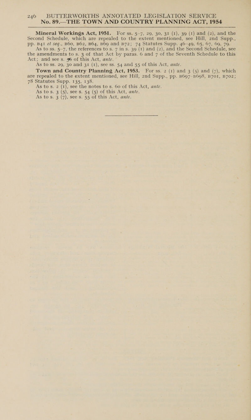 No. 89.—THE TOWN AND COUNTRY PLANNING ACT, 1954 Mineral Workings Act, 1951. For ss. 5-7, 29, 30, 31 (1), 39 (1) and (2), and the Second Schedule, which are repealed to the extent mentioned, see Hill, 2nd Supp., Ppp. B41 et seq., B60, B62, B64, B6g and B72; 74 Statutes Supp. 46-49, 65, 67, 69, 79. As to ss. 5—7, the references to s. 7 in s. 39 (1) and (2), and the Second Schedule, see the amendments to s. 3 of that Act by paras. 6 and 7 of the Seventh Schedule to this Act; and see s. 56 of this Act, ante. As to ss. 29, 30 and 31 (1), see ss. 54 and 55 of this Act, ante. Town and Country Planning Act, 1953. For ss. 2 (1) and 3 (5) and (7), which are repealed to the extent mentioned, see Hill, 2nd Supp., pp. B697-B698, B70I, B702; 78 Statutes Supp. 135, 138. As to s. 2 (1), see the notes to s. 60 of this Act, ante. As to s. 3 (5), see s. 54 (5) of this Act, ante.