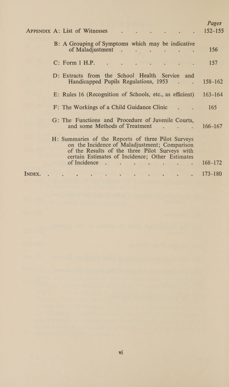 List of Witnesses A Grouping of Symptoms which ees be indicative of Maladjustment : Handicapped Pupils Regulations, 1953 and some Methods of Treatment on the Incidence of Maladjustment; Comparison of the Results of the three Pilot Surveys with certain Estimates of Incidence; Other Estimates of Incidence ; : : Vi Pages 152-155 156 LSJ 158-162 163-164 165 166-167 168-172 173-180