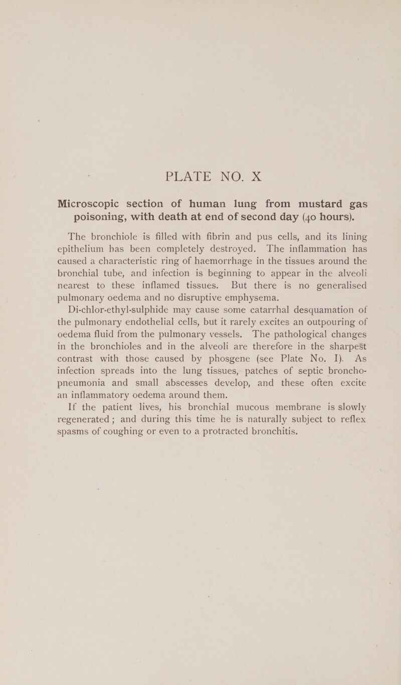 Pusan NOa Microscopic section of human lung from mustard gas poisoning, with death at end of second day (40 hours). The bronchiole is filled with fibrin and pus cells, and its lining epithelium has been completely destroyed. The inflammation has caused a characteristic ring of haemorrhage in the tissues around the bronchial tube, and infection is beginning to appear in the alveoli nearest to these inflamed tissues. But there is no generalised pulmonary oedema and no disruptive emphysema. Di-chlor-ethyl-sulphide may cause some catarrhal desquamation of the pulmonary endothelial cells, but it rarely excites an outpouring of oedema fluid from the pulmonary vessels. The pathological changes in the bronchioles and in the alveoli are therefore in the sharpest contrast with those caused by phosgene (see Plate No. I). As infection spreads into the lung tissues, patches of septic broncho- pneumonia and small abscesses develop, and these often excite an inflammatory oedema around them. If the patient lives, his bronchial mucous membrane is slowly regenerated ; and during this time he is naturally subject to reflex spasms of coughing or even to a protracted bronchitis.
