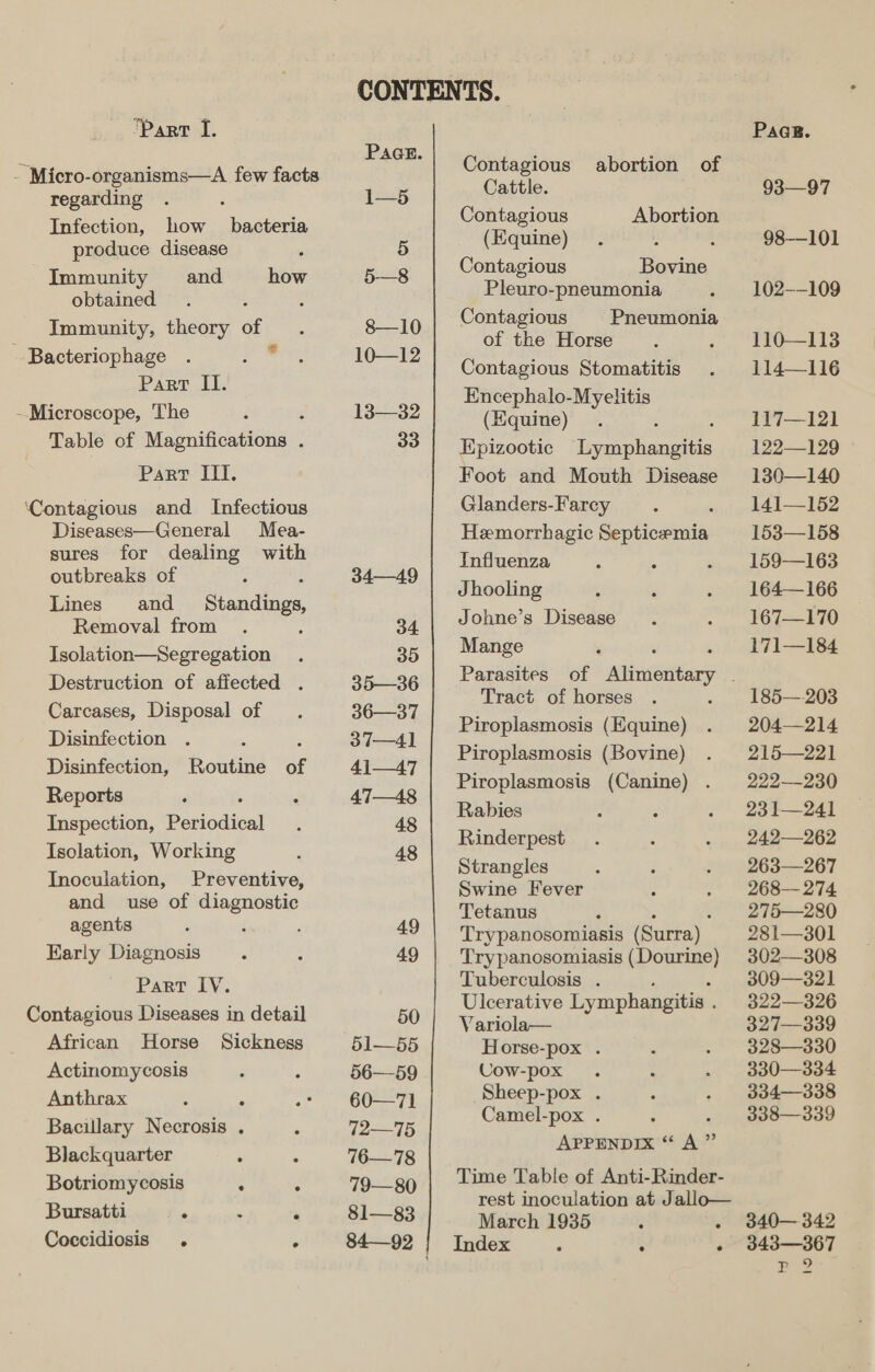 - Micro-organisms—A few facts regarding Infection, how bacteria produce disease Immunity and obtained Immunity, theory cee - Bacteriophage Parr II. -.Microscope, The : Table of Magnifications . Part III. ‘Contagious and Infectious Diseases—General Mea- sures for dealing with outbreaks of Lines and Standings, Removal from Isolation—Segregation Destruction of affected . Carcases, Disposal of Disinfection Disinfection, Reports Inspection, Pesiodival Isolation, Working Inoculation, Preventive, and use of diagnostic agents : ; Early Diagnosis Part IV. Contagious Diseases in detail how Routine of African Horse Sickness Actinomycosis Anthrax : ° Bacillary Necrosis . Blackquarter ; Botriomycosis . ‘ Bursatti . . 4 Coccidiosis . PAGE. 1—5 5 5-—8 8—10 10—12 13—32 33 34—49 34 35 35—36 36—37 37—41 41—47 47—48 48 48 49 49 50 51—55 56—59 60—71 72—15 176— 178 79—80 81—83 Contagious abortion of Cattle. Contagious Abortion (Equine) Contagious Farinas Pleuro-pneumonia Contagious Pneumonia of the Horse Contagious Stomatitis Encephalo-Myelitis (Equine) Epizootic iemtpleumita Foot and Mouth Disease Glanders-Farcy Hemorrhagic Septicemia Influenza Jhooling Johne’s Disease Mange Tract of horses Piroplasmosis (Equine) Piroplasmosis (Bovine) Piroplasmosis (Canine) . Rabies Rinderpest Strangles Swine Fever Tetanus Trypanosomiasis (Surra) | Try panosomiasis (Dourine) Tuberculosis . ; Ulcerative Lymphangitis . Variola— Horse-pox . Cow-pox Sheep-pox . Camel-pox . APPENDIX “ A? re Time Table of Anti-Rinder- March 1935 A é Index : s é 93—97 98-101 102—-109 1J]0—113 114—116 117—121 122—129 130—140 141—152 153—158 159—163 164—166 167—170 171—184 185— 203 204—214 215—221 222230 23 1—241 242—262 263—267 268— 274 275—280 281—301 302—308 309—321 322—326 327—339 328—330 330—334 334—338 338—339 340— 342 343—367 cee