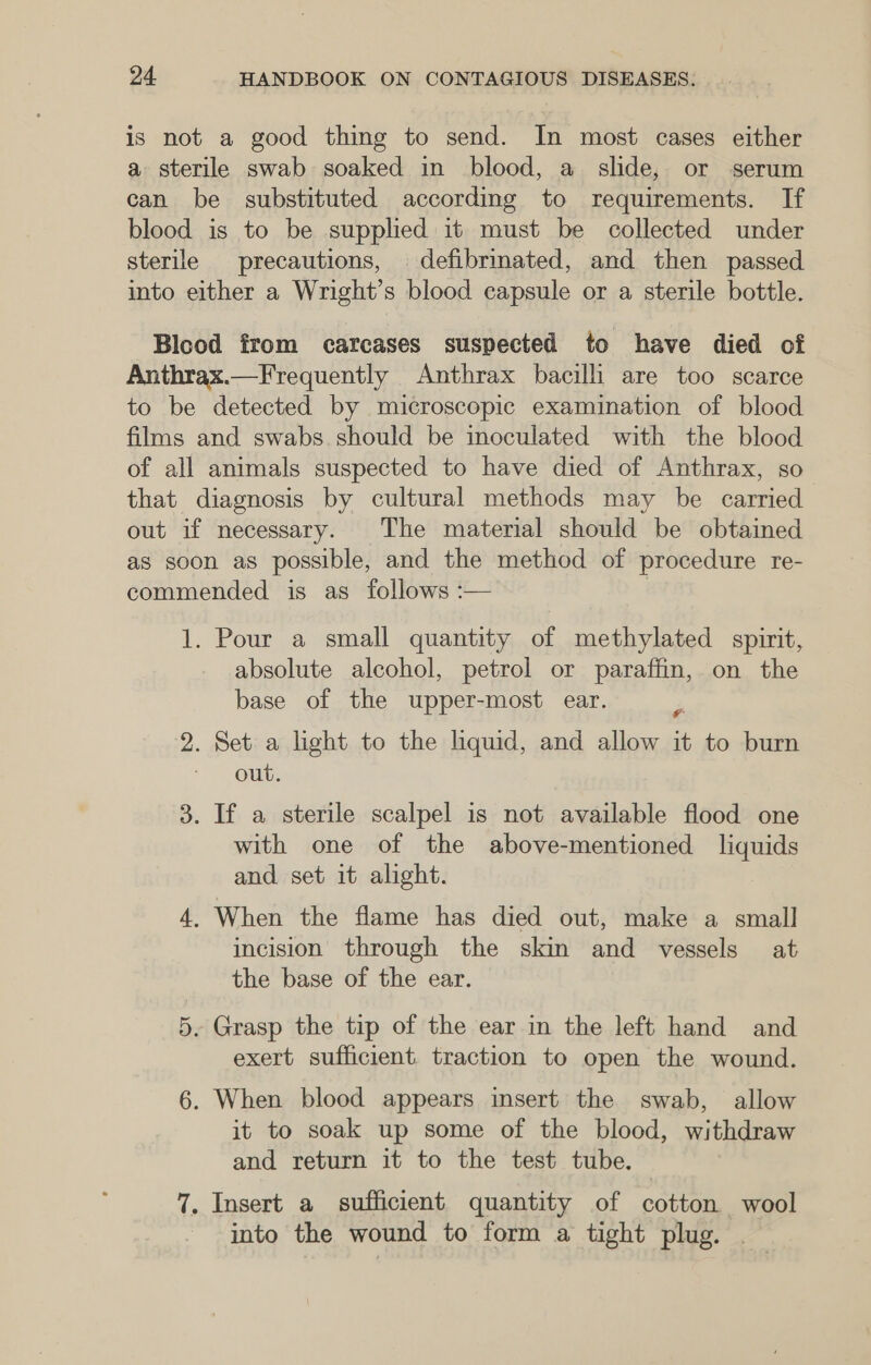 is not a good thing to send. In most cases either a sterile swab soaked in blood, a slide, or serum can be substituted according to requirements. If blood is to be supplied it must be collected under sterile precautions, defibrinated, and then passed into either a Wright’s blood capsule or a sterile bottle. Blcod from carcases suspected to have died of Anthrax.—Frequently Anthrax bacilli are too scarce to be detected by microscopic examination of blood films and swabs. should be inoculated with the blood of all animals suspected to have died of Anthrax, so” that diagnosis by cultural methods may be carried out if necessary. The material should be obtained as soon as possible, and the method of procedure re- commended is as follows :— | 1. Pour a small quantity of methylated spirit, absolute alcohol, petrol or paraffin, on the base of the upper-most ear. 2. Set a light to the hquid, and allow it to burn + OUR: 3. If a sterile scalpel is not available flood one with one of the above-mentioned liquids and set it alight. 4. When the flame has died out, make a small incision through the skin and vessels at the base of the ear. 5. Grasp the tip of the ear in the left hand and exert sufficient. traction to open the wound. 6. When blood appears insert the swab, allow it to soak up some of the blood, withdraw and return it to the test tube. | 7. Insert a sufficient quantity of cotton wool into the wound to form a tight plug. .