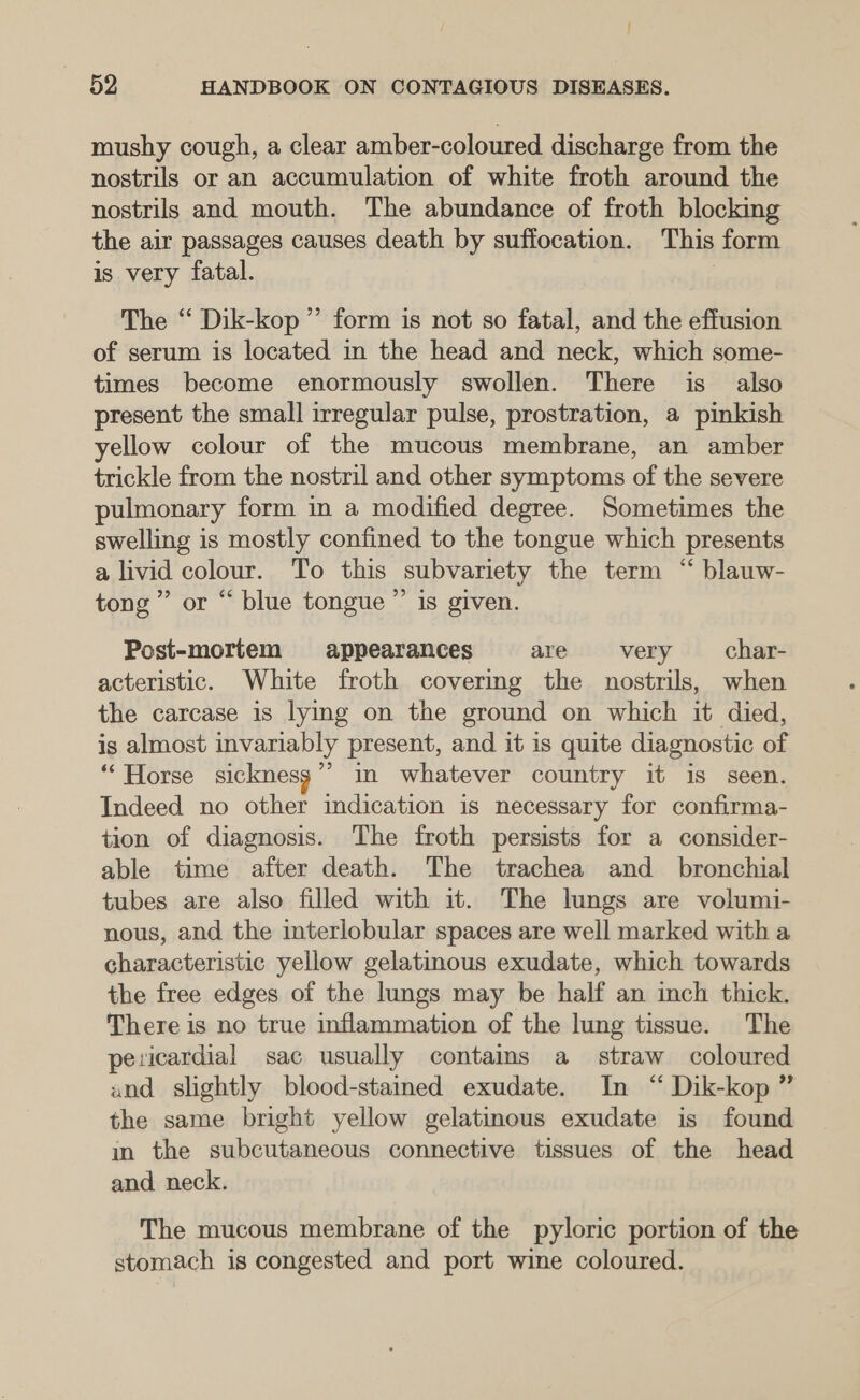: 52 HANDBOOK ON CONTAGIOUS DISEASES. mushy cough, a clear amber-coloured discharge from the nostrils or an accumulation of white froth around the nostrils and mouth. The abundance of froth blocking the air passages causes death by suffocation. This form is very fatal. 3 The ‘‘ Dik-kop ” form is not so fatal, and the effusion of serum is located in the head and neck, which some- times become enormously swollen. There is _ also present the small irregular pulse, prostration, a pinkish yellow colour of the mucous membrane, an amber trickle from the nostril and other symptoms of the severe pulmonary form in a modified degree. Sometimes the swelling is mostly confined to the tongue which presents a livid colour. To this subvariety the term “ blauw- tong ” or “ blue tongue ”’ is given. Post-mortem appearances are very _—_char- acteristic. White froth covering the nostrils, when the carcase is lying on the ground on which it died, is almost invariably present, and it is quite diagnostic of “Horse sicknesg” in whatever country it is seen. Indeed no other indication is necessary for confirma- tion of diagnosis. The froth persists for a consider- able time after death. The trachea and_ bronchial tubes are also filled with it. The lungs are volumi- nous, and the interlobular spaces are well marked with a characteristic yellow gelatinous exudate, which towards the free edges of the lungs may be half an inch thick. There is no true inflammation of the lung tissue. The pericardial sac usually contains a _ straw coloured and slightly blood-stained exudate. In “ Dik-kop ” the same bright yellow gelatinous exudate is found in the subcutaneous connective tissues of the head and neck. The mucous membrane of the pyloric portion of the stomach is congested and port wine coloured.