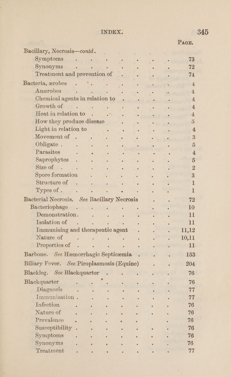 Bacillary, Necrosis—conid. Symptoms Synonyms ‘ ‘ Treatment and prevention of Bacteria, erobes . °. Anzrobes : : ; Chemical agentsin relation to . ‘ Growth of , ; : : : Heat in relation to How they produce diseage : Light in relation to : : : Movement of . ee ‘ ; Obligate . : : : : Parasites : . Saprophytes Size of Spore formation Structure of . : : : a Types of . : P ; ° Bacterial Necrosis. See Bacillary Necrosis Bacteriophage Demonstration. Isolation of : ; Immunising and therapeutic agent Nature of Properties of Barbone. See Hemorrhagic Septicemia Biliary Fever. See Piroplasmosis (Equine) Blackleg. See Blackquarter . : ; Blackquarter Diagnosis : : : P E Immunisation . ‘Infection F : : 5 Nature of ; : ; A : Prevalence ‘ ‘ 4 . : Susceptibility . : : 5 5 Symptoms é : . : . Synonyms é ‘ : Treatment . A ;: ‘ : PAGE. asa 4 m bo He wWwnanpowp OP RPP mm eet oe — pe © bo 11,12 10,11 1] 153 204 76 76 ae 77 76 76 76 76 76 76 at
