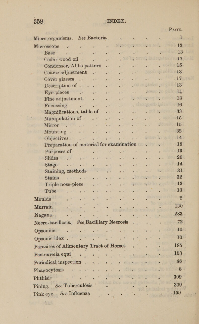 Micro-organisms. See Bacteria Microscope Base Cedar wood 4 Condenser, Abbe pattern Coarse adjustment Cover glasses Description of . Eye-pieces Fine adjustment: Focussing Magnifications, table of Manipulation of . Mirror Mounting Objectives Purposes of Slides Stage Staining, ee Stains . aah A iss alee Lai Triple nose-piece Tube : os Moulds Murrain Nagana, , | Necro-bacillosis. See Bacilliary Necrosis Opsonins Opsonic-idex.° .° . Pasteurellaequi . - ‘ , Periodical inspection . . : A | Phagocytosis « . + .: . : : Phthisis if OR een ite ; Pining. See Tuberculosis : A Pink eye.. SeeInfluenza PAGE. 13 13 17 15 13 17 13 14 13 16 33 15 15 32 14 18 13 20 14 31 32 13 13 130 283 72° 10 10 185 153 48 309 309 | 159