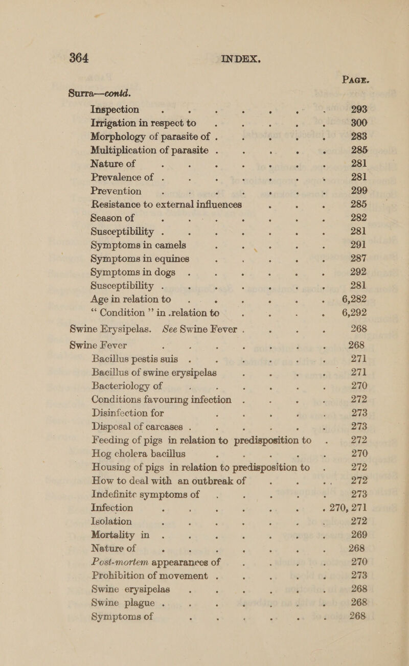 PAGE. Surra—conid. Inspection : : ; : ° 5 Z 293 Irrigation in respect to. : : : ; 300 Morphology of parasite of . é é : : 283 Multiplication of parasite . : : : 3 285. Nature of ; : : . : ; , 281 Prevalence of . : : ‘ . : . 281 Prevention : ; ° ‘ is 299 Resistance to ectenal iafiuetoes &lt; : : 285 Season of ‘ : : , : ; . 282 Susceptibility . : ; : : : : 281 Symptoms in camels : oa : : 291 Symptoms in equines , 2 ; 2 287 Symptomsindogs . : : : ‘ : 292 Susceptibility . é : : ; : : 281 Ageinrelationto .. . : : : - 6,282 ** Condition ”’ in .relation to : i : - 6,292 Swine Erysipelas. See Swine Fever . ‘ ; : 268 Swine Fever = , : ‘ ' ; : 268 Bacillus pestis suis . ‘ : : alti fe 271 Bacillus of swine erysipelas : . : 9 vate Bacteriology of ; , : : . ; 270 Conditions favouring infection . : : : 272 Disinfection for : ; : F ' 273 Disposal of carcases . , : 273 Feeding of pigs in relation to peelinpention $0. &lt; 272 Hog cholera bacillus : . 270 Housing of pigs in relation to paeliaponldon to. 272 How to deal with an outbreak of é : oy | tae ee Indefinite symptoms of . : ; : : 273 Infection : ; : ‘ : ‘ . 270, 271 Isolation , ; : : : ‘ ' 272 Mortality in . ‘ P : ’ : ; 269 Nature of . , : ‘ : : 268 Post-mortem appearances of : ‘ ‘ ; 270 Prohibition of movement . : ; 3 é 273 Swine erysipelas . : , : ‘ : 268 Swine plague . : é é j ( ' 268 Symptoms of : ‘ , : : é 268