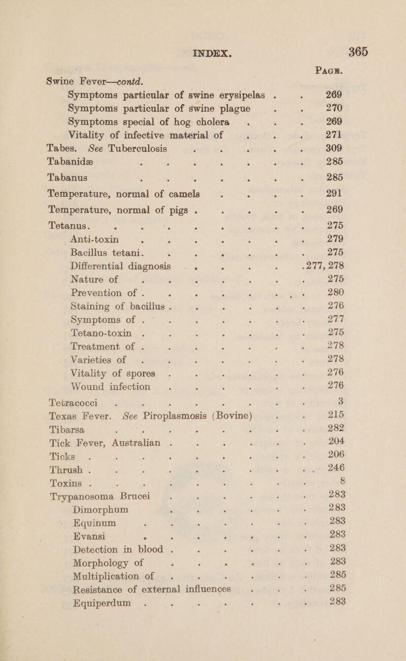 Swine Fever—conid. Symptoms particular of swine plague Symptoms special of hog cholera Vitality of infective material of Tabes. See Tuberculosis Tabanidz Tabanus é Temperature, normal of camels ; : Temperature, normal of pigs . : ° Tetanus. . ‘ of é : Anti-toxin . : Bacillus tetani. : é Differential diagnosis . . Nature of ; . Staining of bacillus . Symptoms of . Tetano-toxin Treatment of . Varieties of Vitality of spores Wound infection Tetracocci : ; , : : Texas Fever. See Piroplasmosis (Bovine) Tibarsa Me , Tick Fever, Australian . Ticks Thrush . Toxins . . ‘ Trypanosoma Brucei Dimorphum Equinum Evansi ‘ A Detection in blood . ‘ Morphology of ‘ ; . Multiplication of ; Resistance of external influences Equiperdum Paasu. 269 270 269 271 309 285 285 291 269 275 279 : 275 .277, 278 275 276 277 275 278 278 276 276 3 215 282 204 206 246 8 283 283 283 283 283 283 285 285 283