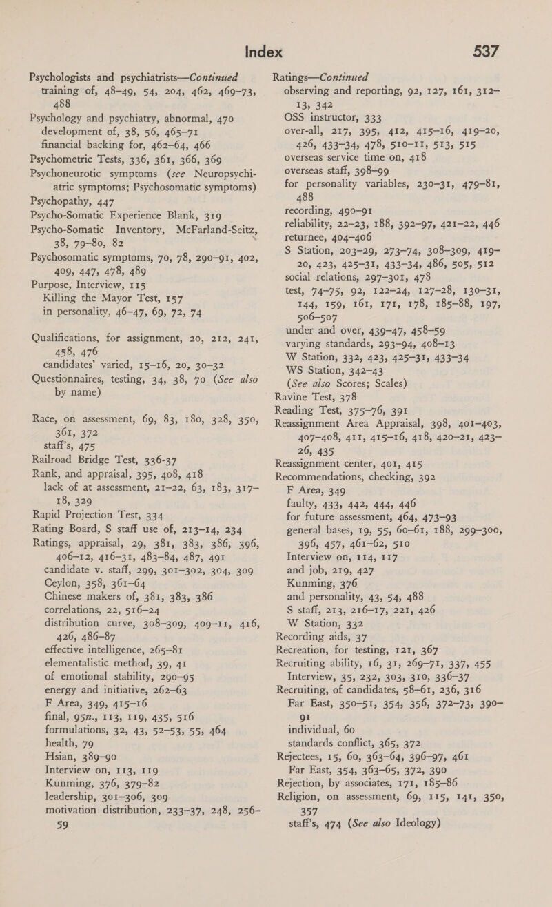 Psychologists and psychiatrists—Continued training of, 48-49, 54, 204, 462, 469-73, 488 Psychology and psychiatry, abnormal, 470 development of, 38, 56, 465-71 financial backing for, 462-64, 466 Psychometric Tests, 336, 361, 366, 369 Psychoneurotic symptoms (see Neuropsychi- atric symptoms; Psychosomatic symptoms) Psychopathy, 447 Psycho-Somatic Experience Blank, 319 Psycho-Somatic Inventory, McFarland-Seitz, 38, 79-80, 82 Psychosomatic symptoms, 70, 78, 290-91, 402, 409, 447, 478, 489 Purpose, Interview, 115 Killing the Mayor Test, 157 in personality, 46-47, 69, 72, 74 Qualifications, for assignment, 20, 212, 241, 458, 476 candidates’ varied, 15-16, 20, 30-32 Questionnaires, testing, 34, 38, 70 (See also by name) Race, on assessment, 69, 83, 180, 328, 350, 361, 372 staff’s, 475 Railroad Bridge Test, 336-37 Rank, and appraisal, 395, 408, 418 lack of at assessment, 21-22, 63, 183, 317— 18, 329 Rapid Projection Test, 334 Rating Board, S staff use of, 213-14, 234 Ratings, appraisal, 29, 381, 383, 386, 3096, 406-12, 416-31, 483-84, 487, 491 candidate v. staff, 299, 301-302, 304, 309 Ceylon, 358, 361-64 Chinese makers of, 381, 383, 386 correlations, 22, 516-24 distribution curve, 308-309, 409-11, 416, 426, 486-87 effective intelligence, 265-81 elementalistic method, 39, 41 of emotional stability, 290-95 energy and initiative, 262-63 F Area, 349, 415-16 final, 957., 113, 119, 435, 516 formulations, 32, 43, 52-53, 55, 464 health, 79 Hsian, 389-90 Interview on, 113, I19 Kunming, 376, 379-82 leadership, 301-306, 309 motivation distribution, 233-37, 248, 256- 59 537 Ratings—Continued observing and reporting, 92, 127, 161, 312- 135° 342 OSS instructor, 333 over-all, 217, 395, 412, 415-16, 419-20, 426, 433-34, 478, 510-11, 513, 515 overseas service time on, 418 overseas staff, 398-99 for personality variables, 230-31, 479-81, 488 recording, 490-91 reliability, 22-23, 188, 392-97, 421-22, 446 returnee, 404-406 S Station, 203-29, 273-74, 308-309, 419- 20, 423, 425-31, 433-34, 486, 505, 512 social relations, 297-301, 478 test, 74-75, 92, 122-24, 127-28, 130-31, 144, 159, 161, 171, 178, 185-88; 197; 506-507 under and over, 439-47, 458-59 varying standards, 293-94, 408-13 W Station, 332, 423, 425-31, 433-34 WS Station, 342-43 (See also Scores; Scales) Ravine Test, 378 Reading Test, 375-76, 391 Reassignment Area Appraisal, 398, 401-403, 407-408, 411, 415-16, 418, 420-21, 423- 26, 435 Reassignment center, 401, 415 Recommendations, checking, 392 F Area, 349 faulty, 433, 442, 444, 446 for future assessment, 464, 473-93 general bases, 19, 55, 60-61, 188, 299-300, 396, 4575 461-62, 510 Interview on, 114, 117 and job, 219, 427 Kunming, 376 and personality, 43, 54, 488 S staff, 213, 216-17, 221, 426 W Station, 332 Recording aids, 37 Recreation, for testing, 121, 367 Recruiting ability, 16, 31, 269-71, 337, 455 Interview, 35, 232, 303, 310, 336-37 Recruiting, of candidates, 58-61, 236, 316 Far East, 350-51, 354, 356, 372-73, 390- gI individual, 60 standards conflict, 365, 372 Rejectees, 15, 60, 363-64, 396-97, 461 Far East, 354, 363-65, 372, 390 Rejection, by associates, 171, 185-86 Religion, on assessment, 69, I15, 141, 350, 357 staff’s, 474 (See also Ideology)