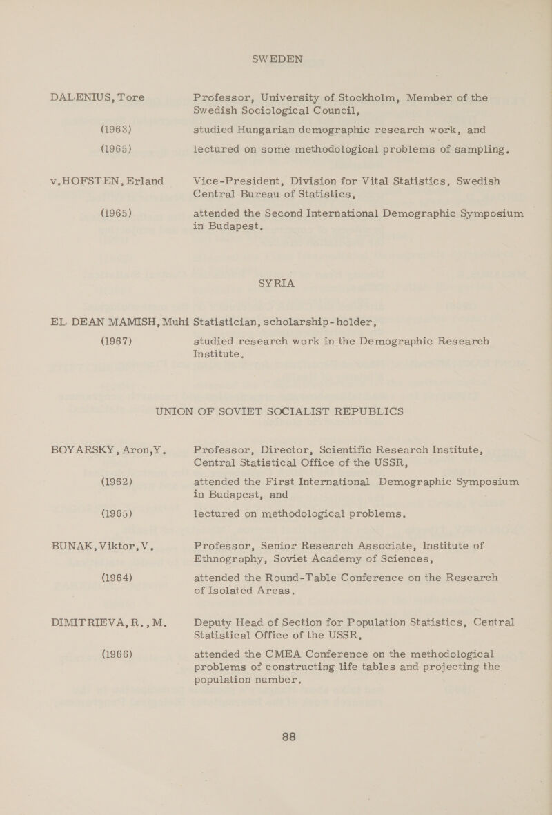 DALENIUS, Tore (1963) (1965) v. HOFSTEN, Erland (1965) SW EDEN Professor, University of Stockholm, Member of the Swedish Sociological Council, studied Hungarian demographic research work, and lectured on some methodological problems of sampling, Vice-President, Division for Vital Statistics, Swedish Central Bureau of Statistics, attended the Second International Demographic Symposium in Budapest. SYRIA (1967) studied research work in the Demographic Research Institute, (1962) (1965) BUNAK, Viktor, V. (1964) (1966) Professor, Director, Scientific Research Institute, Central Statistical Office of the USSR, attended the First International Demographic Symposium in Budapest, and lectured on methodological problems. Professor, Senior Research Associate, Institute of Ethnography, Soviet Academy of Sciences, attended the Round-Table Conference on the Research of Isolated Areas. Deputy Head of Section for Population Statistics, Central Statistical Office of the USSR, attended the CMEA Conference on the methodological problems of constructing life tables and projecting the population number,