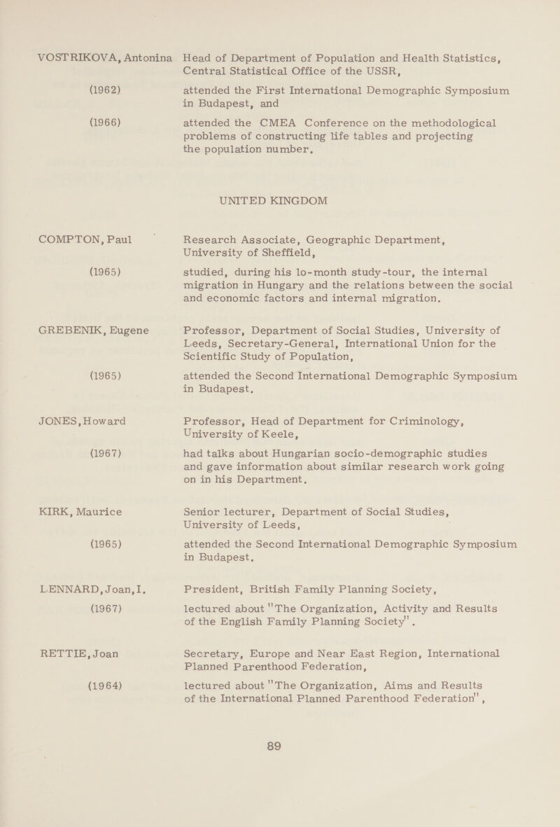VOST RIKOVA, Antonina (1962) (1966) COMPTON, Paul (1965) GREBENIK, Eugene (1965) JONES, Howard (1967) KIRK, Maurice (1965) LENNARD, Joan,I. (1967) RETTIE, Joan (1964) Head of Department of Population and Health Statistics, Central Statistical Office of the USSR, attended the First International Demographic Symposium in Budapest, and attended the CMEA Conference on the methodological problems of constructing life tables and projecting the population number, UNITED KINGDOM Research Associate, Geographic Department, University of Sheffield, studied, during his lo-month study-tour, the internal migration in Hungary and the relations between the social and economic factors and internal migration. Professor, Department of Social Studies, University of Leeds, Secretary-General, International Union for the Scientific Study of Population, attended the Second International Demographic Symposium in Budapest, Professor, Head of Department for Criminology, University of Keele, had talks about Hungarian socio-demographic studies and gave information about similar research work going on in his Department. Senior lecturer, Department of Social Studies, University of Leeds, attended the Second International Demographic Symposium in Budapest, President, British Family Planning Society, lectured about ''The Organization, Activity and Results of the English Family Planning Society. Secretary, Europe and Near East Region, International Planned Parenthood Federation, lectured about ''The Organization, Aims and Results of the International Planned Parenthood Federation,