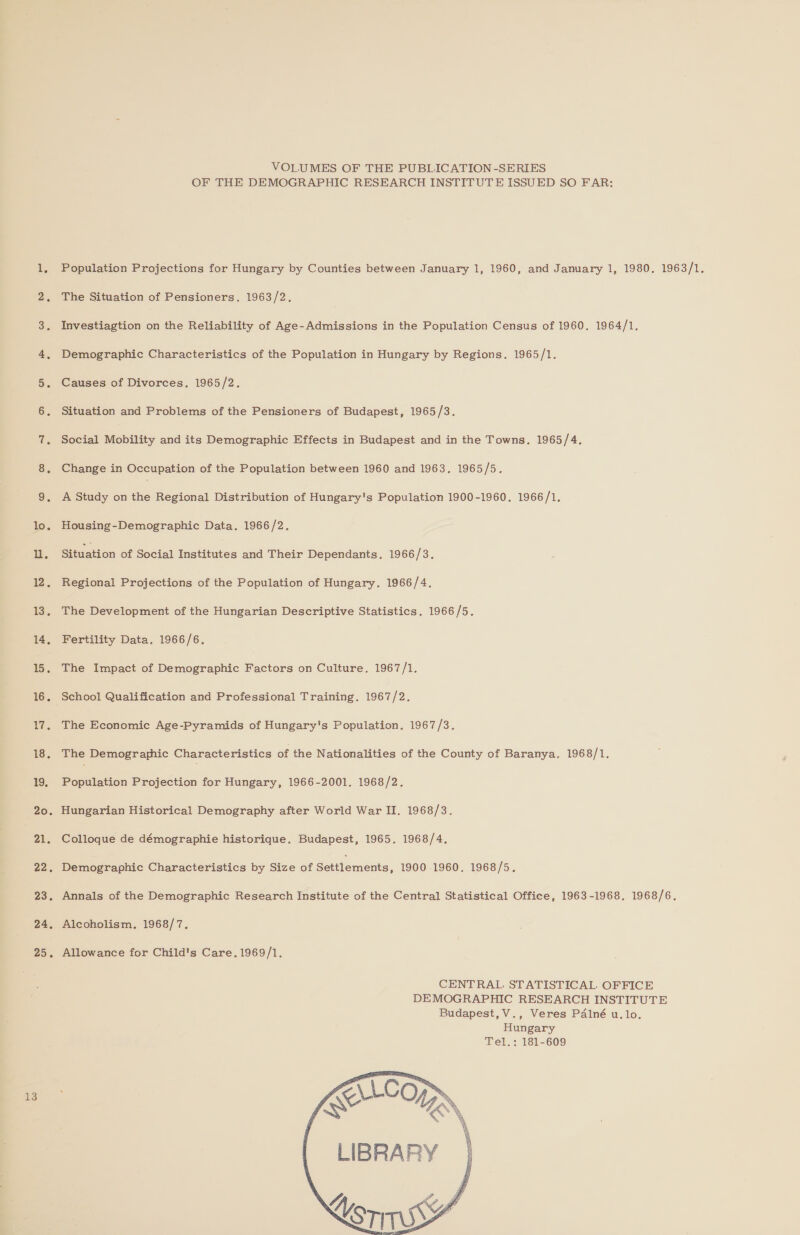 lo. i. 12, 13, 14, 6. 16. 17. 18, 19. 20. 21. 22, 23, 24, 25. 13 VOLUMES OF THE PUBLICATION-SERIES OF THE DEMOGRAPHIC RESEARCH INSTITUTE ISSUED SO FAR: Population Projections for Hungary by Counties between January 1, 1960, and January 1, 1980. 1963/1. The Situation of Pensioners. 1963/2. Investiagtion on the Reliability of Age- Admissions in the Population Census of 1960. 1964/1. Demographic Characteristics of the Population in Hungary by Regions. 1965/1. Causes of Divorces. 1965/2. Situation and Problems of the Pensioners of Budapest, 1965/3. Social Mobility and its Demographic Effects in Budapest and in the Towns. 1965/4. Change in Occupation of the Population between 1960 and 1963. 1965/5. A Study on the Regional Distribution of Hungary's Population 1900-1960. 1966/1. Housing-Demographic Data. 1966/2. Situation of Social Institutes and Their Dependants. 1966/3. Regional Projections of the Population of Hungary. 1966/4. The Development of the Hungarian Descriptive Statistics. 1966/5. Fertility Data. 1966/6. The Impact of Demographic Factors on Culture. 1967/1. School Qualification and Professional Training, 1967/2. The Economic Age-Pyramids of Hungary's Population. 1967/3. The Demographic Characteristics of the Nationalities of the County of Baranya. 1968/1. Population Projection for Hungary, 1966-2001. 1968/2. Hungarian Historical Demography after World War II. 1968/3. Colloque de démographie historique. Budapest, 1965. 1968/4. Demographic Characteristics by Size of Sorilements, 1900 1960. 1968/5. Annals of the Demographic Research Institute of the Central Statistical Office, 1963-1968. 1968/6. Alcoholism, 1968/7, Allowance for Child's Care. 1969/1. CENTRAL STATISTICAL OFFICE DEMOGRAPHIC RESEARCH INSTITUTE Budapest,V., Veres Palné u. lo. Hungary Tel.: 181-609 Ve OND LIBRARY UsrmsA    