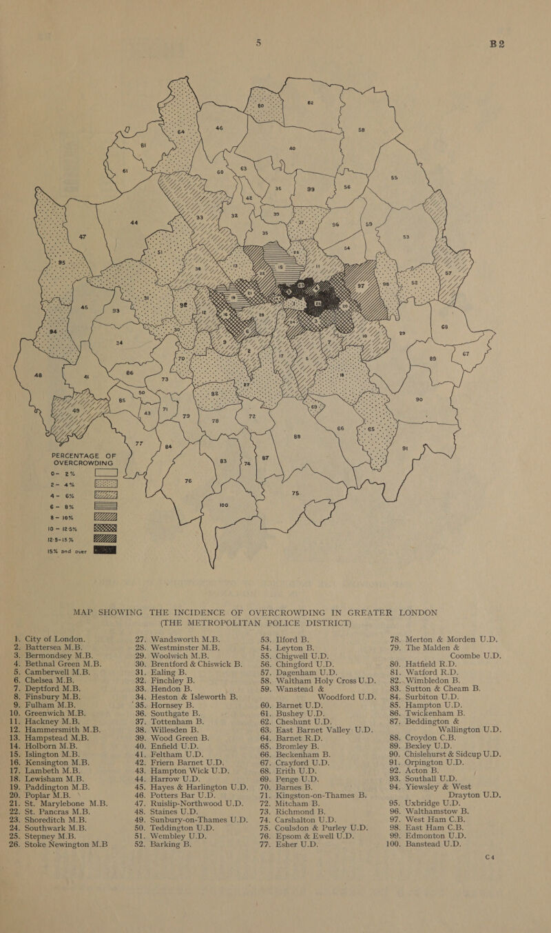 CON AARwWNe  eis Yj CASS L, A yy 4 PERCENTAGE OF OVERCROWDING o- 2% CS 2- 4% 4- 6% 6- 8% = B- 10% 10 — 125% esscosneee| 12:5-15 % Bermondsey M.B. Bethnal Green M.B. B2  Wandsworth M.B. Westminster M.B. Woolwich M.B. Brentford &amp; Chiswick B. Ealing B. Merton &amp; Morden U.D. The Malden &amp; Coombe U.D. Wallington U.D. Drayton U.D. C4