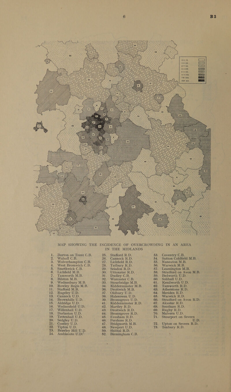          MY LU, Yj Wy yooh % Ye ae 29 Viiiype ‘G7 N \N  \   M&amp;S SN SN WS \\  4—5s% WWM, ESS     SS SN WSN a ote i \\ ge WS De siete, eo \ Ses      WW                       \ War tee  ( \                                                                     “ivy, by eae : cal eI Vy Rec as SEN Gt Gy) estaleke KS SSCS OSES SSSI Ee yy Wy VY yyy se eee 45 SS SS y BR, Sos Yn oc ae a err eY ; yy Yi oe Beers : seo yg GHEE. oe Z Ye Yyyy a A SA NG, yyy MAP SHOWING THE INCIDENCE OF OVERCROWDING IN AN AREA IN THE MIDLANDS 1. Burton on Trent C.B. Zo. Sstatiord 3k: 53. Coventry C.B. 2. Walsall C.B. 26. Cannock R.D. 54. Sutton Coldfield M.B. 3. Wolverhampton C.B. 27. Lichfield R.D. 55. Nuneaton M.B. 4. West Bromwich C.B. 28. Tutbury R.D. 56. Warwick M.B. 5. Smethwick C.B. 29: Seisdon R.D. 57. Leamington M.B. 6. Lichfield M.B. 30. Uttoxeter R.D. 58. Stratford on Avon M.B. 7. Tamworth M.B. 31. Dudley C.B. 59. Bedworth U.D. 8. Bilston M.B. 32. Worcester C.B. 60. Solihull U.D. 9. Wednesbury M.B. 33. Stourbridge M.B. 61. Kenilworth U.D. 10. Rowley Regis M.B. 34. Kidderminster M.B. 62. Tamworth R.D. 11. Stafford M.B. 36. Droitwich M.B. 63. Atherstone R.D. 12. Rugeley U.D. 37. Oldbury U.D. 64. Meriden R.D. 13. Cannock U.D. 38. Halesowen U.D. 65. Warwick R.D. 14. Brownhills U.D. 39. Bromsgrove U.D. 66. Stratford on Avon R.D. 15. Aldridge U.D. 41. Kidderminster R.D. 67) Alcester RK. D. 16. Wednesfield U.D. 42. Martley R.D. 68. Southam R.D. 17. Willenhall U.D. 43. Droitwich R.D. 69. Rugby R.D. 18. Darlaston U.D. 44. Bromsgrove R.D. 70. Malvern U.D. 19. Tettenhall U.D. : 45. Evesham R.D. 71. Stourport on Severn 20. Sedgley U.D. 46. Pershore R.D. Ae 21. Coseley U.D. 47. Bridgnorth M.B. 72. Upton on Severn R.D. 22. Tipton U.D. 48. Newport U.D. 73. Tenbury R.D. 23. Brierley Hill U.D. 50. Shifnal R.D. 24. Amblecote U.D: 52. Birmingham C.B. ¥