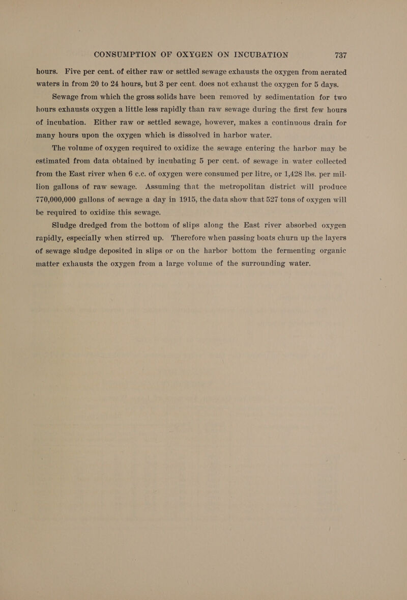 hours. Five per cent. of either raw or settled sewage exhausts the oxygen from aerated waters in from 20 to 24 hours, but 3 per cent. does not exhaust the oxygen for 5 days. Sewage from which the gross solids have been removed by sedimentation for two hours exhausts oxygen a little less rapidly than raw sewage during the first few hours of incubation. Either raw or settled sewage, however, makes a continuous drain for many hours upon the oxygen which is dissolved in harbor water. The volume of oxygen required to oxidize the sewage entering the harbor may be estimated from data obtained by incubating 5 per cent. of sewage in water collected from the East river when 6 c.c. of oxygen were consumed per litre, or 1,428 Ibs. per mil- lion gallons of raw sewage. Assuming that the metropolitan district will produce 770,000,000 gallons of sewage a day in 1915, the data show that 527 tons of oxygen will be required to oxidize this sewage. Sludge dredged from the bottom of slips along the East river absorbed oxygen rapidly, especially when stirred up. Therefore when passing boats churn up the layers of sewage sludge deposited in slips or on the harbor bottom the fermenting organic matter exhausts the oxygen from a large volume of the surrounding water.