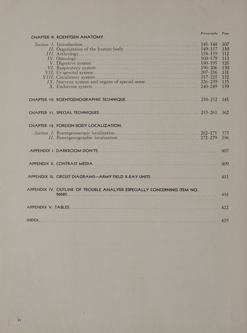 Section I. (te PE; Lye V. VI. VEG VIET; xe x CHAPTER 10. CHAPTER 11. CHAPTER 72. Section I. Paragraphs Introduction: ; cs Af ys See aa ee. Ge eas se ee 145-148 Organization. of theshumansbodyee. aa 9y8. 5 aoe i ee 149-157 Arthrologye. dias Ty2n Rp Ones a ee | Gein en 158-159 Osteology ji weilin 5a). a ein dean te 160-179 Digestive System... 02/2 ic daaipene = ook le Pe eee 180-195 Respiratory ssystem . ou 22 ome oes &amp; noe eae ct 196-206 Urogenital systenty 0 2ceikidsnc: «Ae cosee bees eee ee 207-216 Circulatory. system 3 .&gt;2..h0. ace &gt; ae ee ee 217-225 Nervous system and organs of special sense.....................-. 226-239 Endocrine system): . 5. 44/Se008 « oa cae © cee ee 240-249 ROENTGENOGRAPHIC TECHNIQUES? «) 1h coc eae ee . 250-252 SPECIAL TECHNIQUES. 3), f0%: cote ce ua eet a ee 253-261 FOREIGN BODY LOCALIZATION. Roentgenoscopic localization, .22 2s. 5 4... «ae 262-271 APPENDIX I. APPENDIX Il. APPENDIX Ill. APPENDIX IV. DARKROOM DON'TS 2.0.25 62 ae5 aby sae edie ae Se mea F CONTRASE.MEDIA, © oig on nie tous, a Bis w asel'w oe abot ale na : CIRCUIT DIAGRAMS—ARMY FIELD X-RAY UNITS:.&lt; 22)... 22 ee OUTLINE OF TROUBLE ANALYSIS ESPECIALLY CONCERNING ITEM NO. BOOBS i Sa tele Fiala eon ho at we nce Le Gud eee Rieter Rg ae 2 Page 107 110 112 113 126 130 ee 135 139 141 362 373 396 407 409 411 418