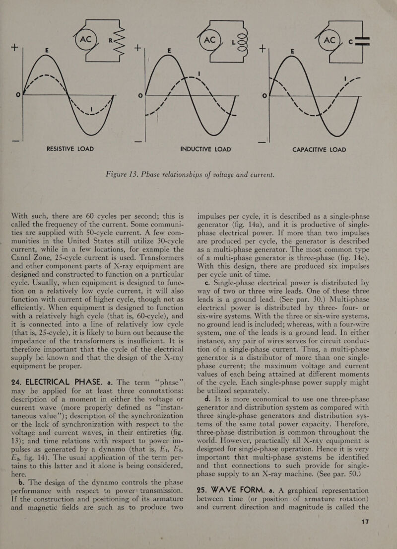 RESISTIVE LOAD   With such, there are 60 cycles per second; this is called the frequency of the current. Some communi- ties are supplied with 50-cycle current. A few com- munities in the United States still utilize 30-cycle current, while in a few locations, for example the Canal Zone, 25-cycle current is used. Transformers and other component parts of X-ray equipment are _ designed and constructed to function on a particular cycle. Usually, when equipment is designed to func- tion on a relatively low cycle current, it will also function with current of higher cycle, though not as efficiently. When equipment is designed to function with a relatively high cycle (that is, 60-cycle), and it Js connected into a line of relatively low cycle (that is, 25-cycle), it is likely to burn out because the impedance of the transformers is insufficient. It is therefore important that the cycle of the electrical supply be known and that the design of the X-ray equipment be proper. 24. ELECTRICAL PHASE. a. The term “phase’’ may be applied for at least three connotations: description of a moment in either the voltage or current wave (more properly defined as “instan- taneous value’’); description of the synchronization or the lack of synchronization with respect to the voltage and current waves, in their entireties (fig. 13); and time relations with respect to power im- pulses as generated by a dynamo (that 1s, Fi, EF», E3, fig. 14). The usual application of the term per- tains to this latter and it alone is being considered, here. b. The design of the dynamo controls the phase performance with respect to power’ transmission. If the construction and positioning of its armature and magnetic fields are such as to produce two impulses per cycle, it is described as a single-phase generator (fig. 14a), and it is productive of single- phase electrical power. If more than two impulses are produced per cycle, the generator is described as a multi-phase generator. The most common type of a multi-phase generator is three-phase (fig. 14c). With this design, there are produced six impulses per cycle unit of time. c. Single-phase electrical power is distributed by way of two or three wire leads. One of these three leads is a ground lead. (See par. 30.) Multi-phase electrical power is distributed by three- four- or six-wire systems. With the three or six-wire systems, no ground lead is included; whereas, with a four-wire system, one of the leads is a ground lead. In either instance, any pair of wires serves for circuit conduc- tion of a single-phase current. Thus, a multi-phase generator is a distributor of more than one single- phase current; the maximum voltage and current values of each being attained at different moments of the cycle. Each single-phase power supply might be utilized separately. d. It is more economical to use one three-phase generator and distribution system as compared with three single-phase generators and distribution sys- tems of the same total power capacity. Therefore, three-phase distribution is common throughout the world. However, practically all X-ray equipment is designed for single-phase operation. Hence it is very important that multi-phase systems be identified and that connections to such provide for single- phase supply to an X-ray machine. (See par. 50.) 25. WAVE FORM. a. A graphical representation between time (or position of armature rotation) and current direction and magnitude is called the