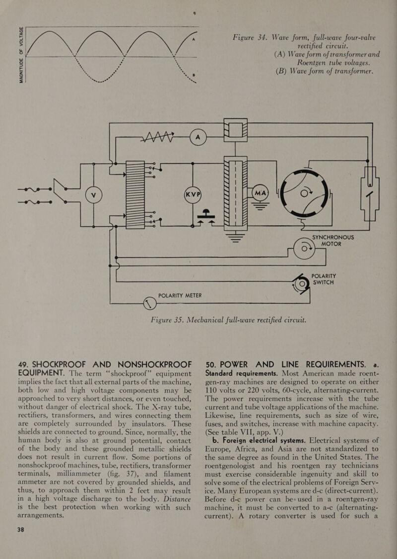   MAGNITUDE OF VOLTAGE =.  Figure 34. Wave form, full-wave four-valve rectified circutt. (A) Wave form of transformer and Roentgen tube voltages. (B) Wave form of transformer. | es WA\\      eS) g C= NS zg ——4 Seige 2 _—— ty hd : Saas —— aie —e\2—*e sl RB % -—— &amp; Z _———— ] Z ——— ida es N Z le Fa | NB savne Perewe) = SYNCHRONOUS ae MOTOR POLARITY SWITCH    49. SHOCKPROOF AND NONSHOCKPROOF EQUIPMENT. The term “shockproof” equipment implies the fact that all external parts of the machine, both low and high voltage components may be approached to very short distances, or even touched, without danger of electrical shock. The X-ray tube, rectifiers, transformers, and wires connecting them are completely surrounded by insulators. These shields are connected to ground. Since, normally, the human body is also at ground potential, contact of the body and these grounded metallic shields does not result in current flow. Some portions of nonshockproof machines, tube, rectifiers, transformer terminals, milliammeter (fig. 37), and filament ammeter are not covered by grounded shields, and thus, to approach them within 2 feet may result in a high voltage discharge to the body. Distance is the best protection when working with such arrangements. 38 50. POWER AND LINE REQUIREMENTS. a. Standard requirements. Most American made roent- gen-ray machines are designed to operate on either 110 volts or 220 volts, 60-cycle, alternating-current. The power requirements increase with the tube current and tube voltage applications of the machine. Likewise, line requirements, such as size of wire, fuses, and switches, increase with machine capacity. (See table VII, app. V.) b. Foreign electrical systems. Electrical systems of Europe, Africa, and Asia are not standardized to the same degree as found in the United States. The roentgenologist and his roentgen ray technicians must exercise considerable ingenuity and skill to solve some of the electrical problems of Foreign Sery- ice. Many European systems are d-c (direct-current). Before d-c power can be» used in a roentgen-ray machine, it must be converted to a-c (alternating- current). A rotary converter is used for such a