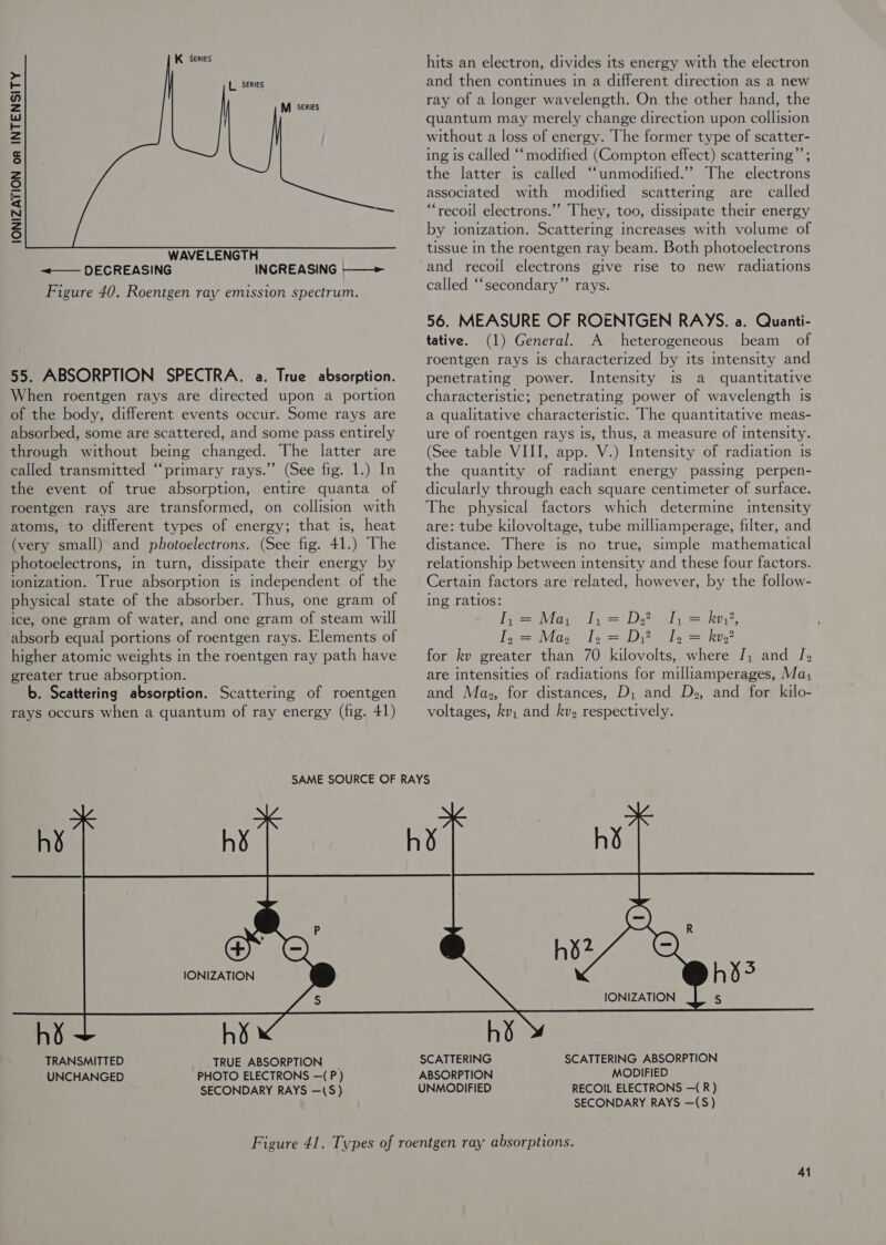 K Series    L. Series M series IONIZATION or INTENSITY &lt;+— DECREASING INCREASING ———&gt; Figure 40. Roentgen ray emission spectrum. 55. ABSORPTION SPECTRA. a. True absorption. When roentgen rays are directed upon a portion of the body, different events occur. Some rays are absorbed, some are scattered, and some pass entirely through without bemg changed. The latter are called transmitted “primary rays.” (See fig. 1.) In the event of true absorption, entire quanta of roentgen rays are transformed, on collision with atoms, to different types of energy; that is, heat (very small) and photoelectrons. (See fig. 41.) The photoelectrons, in turn, dissipate their energy by jonization. True absorption is independent of the physical state of the absorber. Thus, one gram of ice, one gram of water, and one gram of steam will absorb equal portions of roentgen rays. Elements of higher atomic weights in the roentgen ray path have greater true absorption. b. Scattering absorption. Scattering of roentgen rays occurs when a quantum of ray energy (fig. 41) hits an electron, divides its energy with the electron and then continues in a different direction as a new ray of a longer wavelength. On the other hand, the quantum may merely change direction upon collision without a loss of energy. The former type of scatter- ing is called “‘modified (Compton effect) scattering”’; the latter is called “unmodified.” The electrons associated with modified scattering are called “recoil electrons.”” They, too, dissipate their energy by ionization. Scattering increases with volume of tissue in the roentgen ray beam. Both photoelectrons and recoil electrons give rise to new radiations called “‘secondary”’ rays. 56. MEASURE OF ROENTGEN RAYS. a. Quanti- tative. (1) General. A heterogeneous beam _ of roentgen rays is characterized by its intensity and penetrating power. Intensity is a quantitative characteristic; penetrating power of wavelength is a qualitative characteristic. The quantitative meas- ure of roentgen rays is, thus, a measure of intensity. (See table VIII, app. V.) Intensity of radiation Is the quantity of radiant energy passing perpen- dicularly through each square centimeter of surface. The physical factors which determine intensity are: tube kilovoltage, tube milliamperage, filter, and distance. There is no true, simple mathematical relationship between intensity and these four factors. Certam factors are related, however, by the follow- ing ratios: TI, = May, I, = D, I, = kv,?, I, = Mae (= st0&gt; the kvo? for kv greater than 70 kilovolts, where I; and /, are intensities of radiations for milliamperages, May and Map, for distances, D,; and Ds, and for kilo- voltages, kv; and kv» respectively. to i] h¥ h¥ ONS. hd TRANSMITTED UNCHANGED hd TRUE ABSORPTION _ PHOTO ELECTRONS —( P ) SECONDARY RAYS —(S)  SECONDARY RAYS —(S)