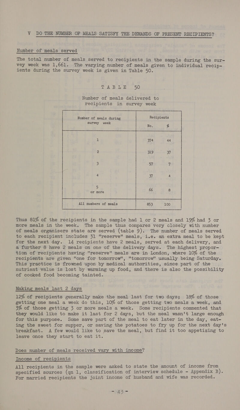 V DO THE NUMBER OF MEALS SATISFY THE DEMANDS OF PRESENT RECIPIENTS? Number of meals served The total number of meals served to recipients in the sample during the sur- vey week was 1,661. The varying number of meals given to individual recip- ients during the survey week is given in Table 50. a SS = He te CHO Se () Number of meals delivered to recipients in survey week survey week 5 or more All numbers of meals  Thus 81% of the recipients in the sample had 1 or 2 meals and 19% had 3 or more meals in the week. The sample thus compares very closely with number of meals organisers state are served (table 9). The number of meals served to each recipient includes 31 reserve meals, i.e. an extra meal to be kept for the next day. 14 recipients have 2 meals, served at each delivery, and a further 8 have 2 meals on one of the delivery days. The highest propor- tion of recipients having reserve meals are in London, where 10% of the recipients are given one for tomorrow, tomorrow usually being Saturday. This practice is frowmed upon by medical authorities, since part of the nutrient value is lost by warming up food, and there is also the possibility of cooked food becoming tainted. Making meals last 2 days 12% of recipients generally make the meal last for two days; 18% of those getting one meal a week do this, 10% of those getting two meals a week, and 3% of those getting 3 or more meals a week. Some recipients commented that they would like to make it last for 2 days, but the meal wasn't large enough for this purpose. Some save part of the meal to eat later in the day, eat- ing the sweet for supper, or saving the potatoes to fry up for the next day's breakfast. A few would like to save the meal, but find it too appetizing to leave once they start to eat it. Does number of meals received vary with income? Income of recipients All recipients in the sample were asked to state the amount of income from specified sources (qn 1, classification of interview schedule - Appendix B). For married recipients the joint income of husband and wife was recorded.