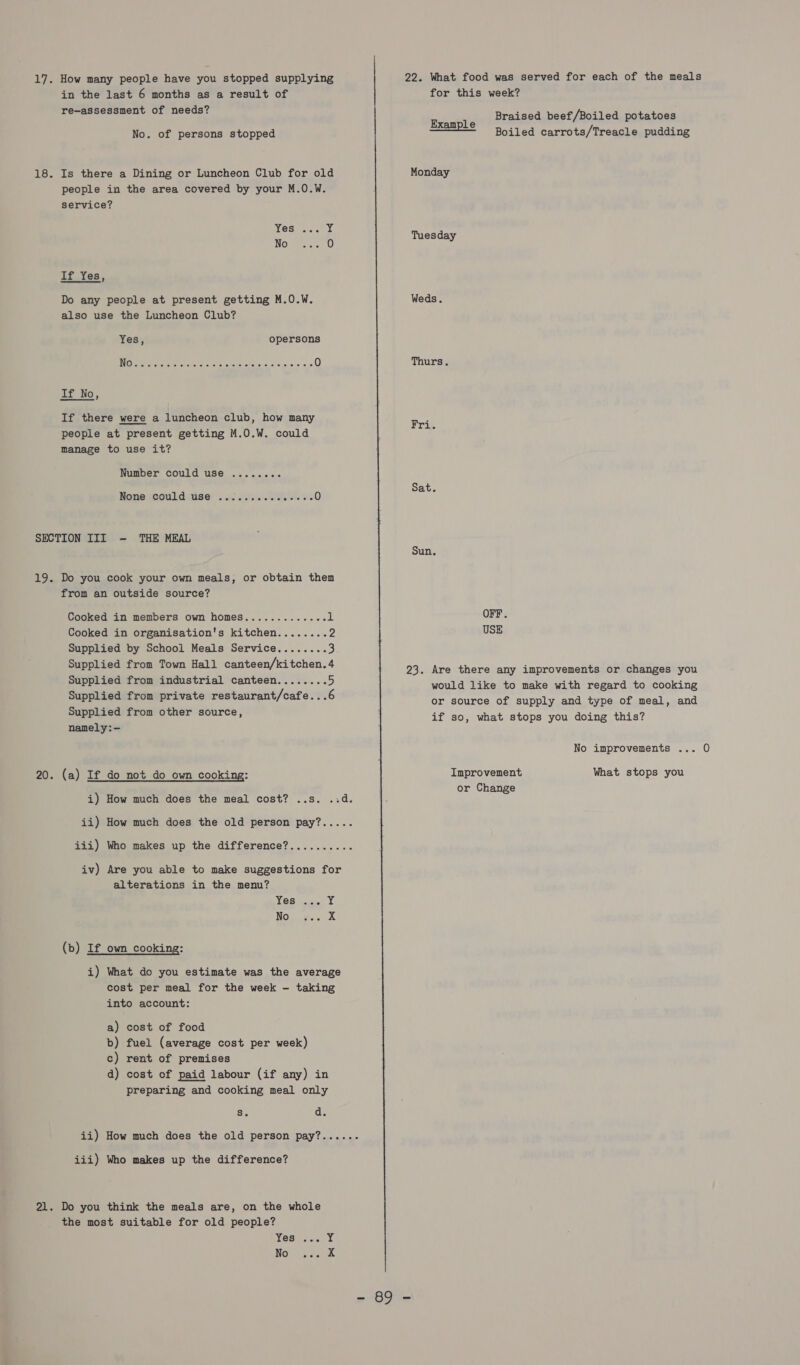 17. How many people have you stopped supplying in the last 6 months as a result of re-assessment of needs? No. of persons stopped 18. Is there a Dining or Luncheon Club for old people in the area covered by your M.0.W. service? WOSites eal: Noire s0 If Yes, Do any people at present getting M.0.W. also use the Luncheon Club? Yes, opersons if No, If there were a luncheon club, how many people at present getting M.0O.W. could manage to use it? Number could use None could use SECTION III - THE MEAL 19. Do you cook your own meals, or obtain then from an outside source? Cooked in members own homes............. al Cooked in organisation's kitchen........ 2 Supplied by School Meals Service........ 3 Supplied from Town Hall canteen/kitchen.4 Supplied from industrial canteen........ 5 Supplied from private restaurant/cafe...6 Supplied from other source, namely:— 20. (a) If do not do own cooking: i) How much does the meal cost? ..s. ..d. iv) Are you able to make suggestions for alterations in the menu? YOS iia) 1 No. 4s. X (b) If own cooking: i) What do you estimate was the average cost per meal for the week - taking into account: a) cost of food b) fuel (average cost per week) c) rent of premises d) cost of paid labour (if any) in preparing and cooking meal only Se d. ii) How much does the old person pay?...... iii) Who makes up the difference? 21. Do you think the meals are, on the whole the most suitable for old people? Yes . is ace &amp;  22. What food was served for each of the meals for this week? Braised beef/Boiled potatoes jee LS 8 Boiled carrots/Treacle pudding Monday Tuesday Weds. Thurs. Fri. Sat. Sun, OFF. USE 23. Are there any improvements or changes you would like to make with regard to cooking or source of supply and type of meal, and if so, what stops you doing this? Inprovenent What stops you or Change