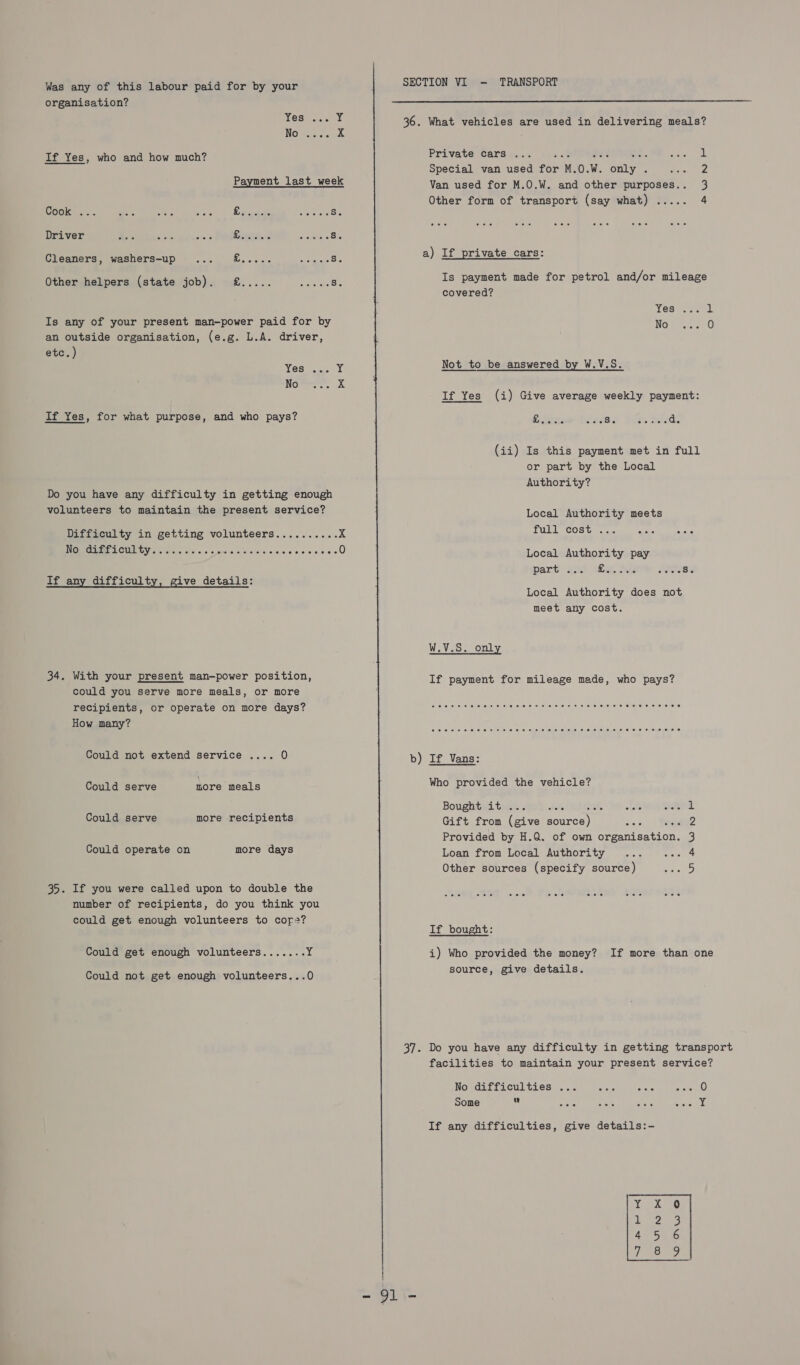 Was any of this labour paid for by your SECTION VI - TRANSPORT organisation? Yes ... Y 36. What vehicles are used in delivering meals? NOl ean If Yes, who and how much? Private Carec...° +++ WOR OReTOIee. Fs. 1 Special van used for M.0.W. only . Maras Oe Payment last week Van used for M.0.W. and other purposes.. 3 Other form of transport (say what) ..... 4 Cook)... ae mee Syeeecoe sc. eee Ss. Driver Aes Saks ee Conc aoe | ne Ss. Cleaners, washers-up - ... £..... -s0.- S. a) If private cars: Other helpers (state job). £..... ..... s. Is payment made for petrol and/or mileage covered? : Nese. Is any of your present man-power paid for by No ... 0 an outside organisation, (e.g. L.A. driver, etc.) Was it &lt;¥ Not to be answered by W.V.S. Nowe. &amp; If Yes (i) Give average weekly payment: If Yes, for what purpose, and who pays? Biers: eke y Seer. eyes d. or part by the Local Authority? Do you have any difficulty in getting enough volunteers to maintain the present service? Local Authority meets Difficulty in getting volunteers.......... X full cost ... ae IVC ieeet CUNEGY Slofaiece ote c, c's are'S o/s\late's:a ei « e'se's cet, Local Authority pay part Ac tom. eae Nee: 83 If any difficulty, give details: Local Authority does not meet any cost. W.V.S. only 34. With your present man-power position, If payment for mileage made, who pays? could you serve more meals, or more  recipients, or operate on more days? weer eee eer eer aeceeser eres see oeoeseeseereeeeeen IS SD IR RIS SS ne OER CRIS eae URS a Could not extend service .... 0 b) If Vans: Could “serve iret sanls Who provided the vehicle? Bought it ... ah ait 55 Gueil Could serve more recipients Gift from (give source) A eat Provided by H.Q. of own organisation. 3 Could operate on more days Loan from Local Authority . 4 Other sources (specify source) ae |S 35. If you were called upon to double the otk number of recipients, do you think you could get enough volunteers to cor? If _ bought: Could get enough volunteers....... fs i) Who provided the money? If more than one Could not get enough volunteers,..0 BOUnC Eygee copeerai le: 37. Do you have any difficulty in getting transport facilities to maintain your present service? No difficulties ... aan aes pews Some  sate Eat aos Stave A Ls If any difficulties, give details:-  = 91 = 