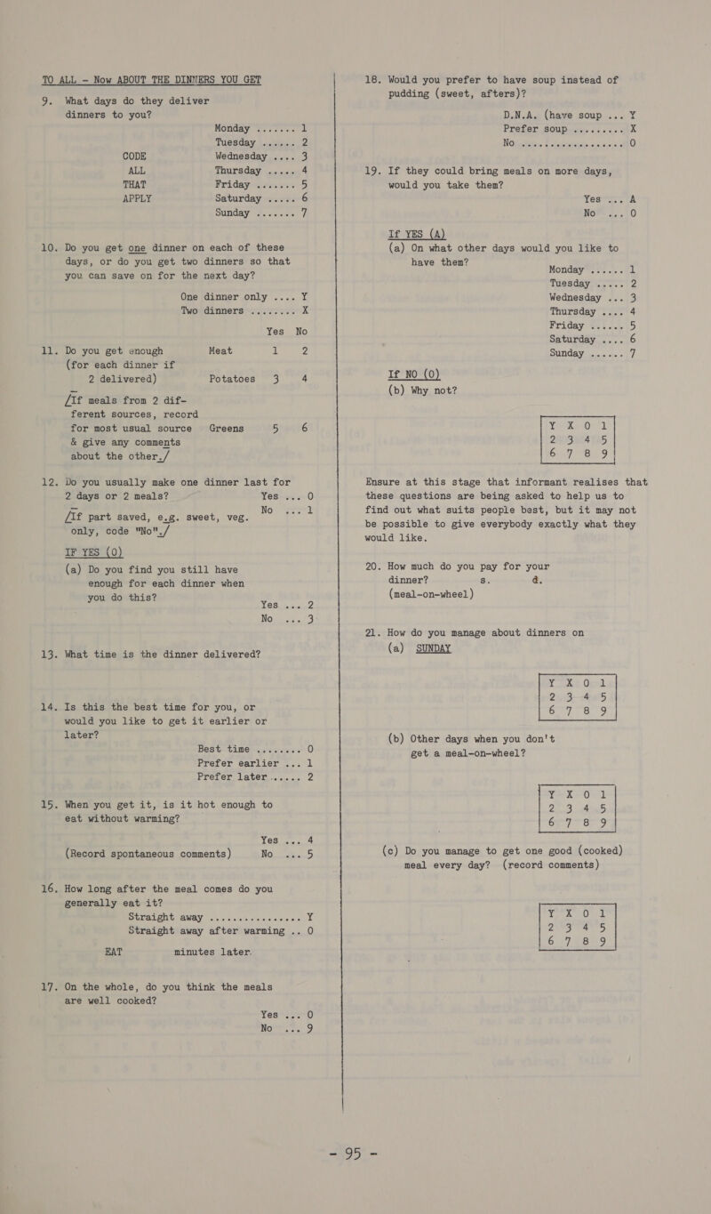 TO ALL - Now ABOUT THE DINNERS YOU GET 9. What days do they deliver dinners to you? MONdAY. ac sexs a Tuesday ...... 2 CODE Wednesday .... 3 ALL THUPSOay) oes 4 THAT BPriday sites 5 APPLY Saturday ..... 6 SUGARY aes si visi 7 10. Do you get one dinner on each of these days, or do you get two dinners so that you can save on for the next day? Onesdannor only .... Y Twoudinners sae. vee Xx Yes No 11. Do you get enough Meat 1 2 (for each dinner if 2 delivered) Potatoes 3 4 /If meals from 2 dif- ferent sources, record for most usual source &amp; give any comments about the other./ Greens 5 6 12. Do you usually make one dinner last for 2 days or 2 meals? Yess. 0 = Nowe: /If part saved, e.g. sweet, veg. : : only, code No./ IF YES (0) (a) Do you find you still have enough for each dinner when do this? ai net ES ViCS ie scant, NGmR ccs 3); What time is the dinner delivered? £3. 14. Is this the best time for you, or would you like to get it earlier or later? Best time ........ 0 Prefer earlier ... 1 Prefer later...... 2 15. When you get it, is it hot enough to eat without warming? Yeo ue 21:4 (Record spontaneous comments) Now. ...5 16. How long after the meal comes do you generally eat it? Ural POL MEAWAY: ss oie eile dele ceisie.e,6 MG Straight away after warming .. 0 EAT minutes later. 17. On the whole, do you think the meals are well cooked? Yeaeren0 NOMI reo “A953 18. Would you prefer to have soup instead of pudding (sweet, afters)? D.N.A. (have soup ... Y¥ PRETOLSOUDissed. os a/ecs o X NOipebativs: 4 chapivicters isiacéooye¢ 0 19. If they could bring meals on more days, would you take them? Yess. &gt; A Nom 7... 0 If YES (A) (a) On what other days would you like to h G sb at eee Monday. = oc. il Tuesday ..... 2 Wednesday ... 3 Thursday .... 4 Friday. + .\&lt;' 5 Saturday .... 6 SURGE Yin svete s a If NO (0) (b) Why not? Ya dO 72 SPORAA LAD ae aoe: pe) Ensure at this stage that informant realises that these questions are being asked to help us to find out what suits people best, but it may not be possible to give everybody exactly what they would like. 20. How much do you pay for your dinner? 8. a. (meal-on-wheel ) 21. How do you manage about dinners on (a) SUNDAY Yt Oxnd. 2.3-4.5 Sr eo (b) Other days when you don't get a meal-—on—wheel? ® Samak Soe Ota k 20D idan 6-7-8 9 | (c) Do you manage to get one good (cooked) meal every day? (record comments) 