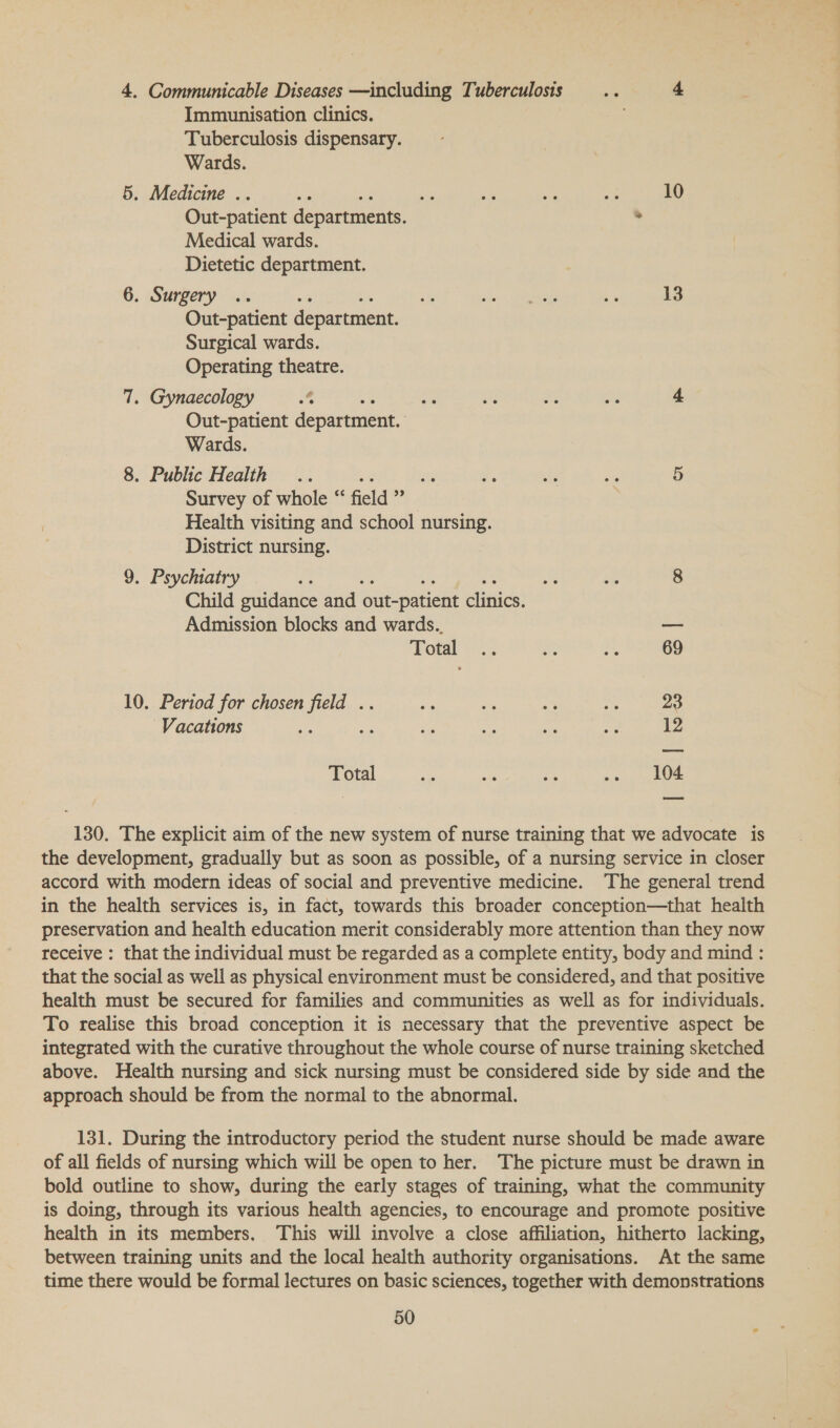 4, Communicable Diseases —including Tuberculosis cae 4 Immunisation clinics. Tuberculosis dispensary. Wards. 5. Medicine .. ois 5 bk oe Ae 10 Out-patient departments. . Medical wards. Dietetic department. 6. Surgery .. i oan bs 13 Out-patient department. Surgical wards. Operating theatre. 7. Gynaecology ‘4 ~ ss is ts 4 Out-patient department. Wards. 8. Public Health .. ae oe Re ‘ss 5 Survey of whole “ field es Health visiting and school nursing. District nursing. 9. Psychiatry is i ae 8 Child guidance and out-patient clinics, Admission blocks and wards. — Total .. nS i 69 10. Period for chosen field .. oe eA = a 23 Vacations a a Ss Re ee oe 12 —— Total ae ae i oe. 204: 130. The explicit aim of the new system of nurse training that we advocate is the development, gradually but as soon as possible, of a nursing service in closer accord with modern ideas of social and preventive medicine. The general trend in the health services is, in fact, towards this broader conception—that health preservation and health education merit considerably more attention than they now receive : that the individual must be regarded as a complete entity, body and mind : that the social as well as physical environment must be considered, and that positive health must be secured for families and communities as well as for individuals. To realise this broad conception it is necessary that the preventive aspect be integrated with the curative throughout the whole course of nurse training sketched above. Health nursing and sick nursing must be considered side by side and the approach should be from the normal to the abnormal. 131. During the introductory period the student nurse should be made aware of all fields of nursing which will be open to her. The picture must be drawn in bold outline to show, during the early stages of training, what the community is doing, through its various health agencies, to encourage and promote positive health in its members. This will involve a close affiliation, hitherto lacking, between training units and the local health authority organisations. At the same time there would be formal lectures on basic sciences, together with demonstrations 50 ?