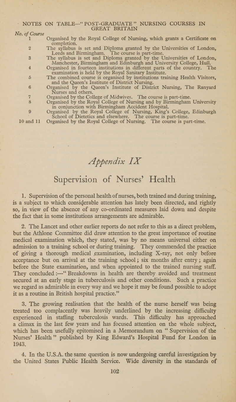 GREAT BRITAIN No. of Course 1 Organised by the Royal College of Nursing, which grants a Certificate on completion. The syllabus is set and Diploma granted by the Universities of London, Leeds and Birmingham. ‘The course is part-time. The syllabus is set and Diploma granted by the Universities of London, Manchester, Birmingham and Edinburgh and University College, Hull. Organised in fourteen institutions in different parts of the country. The examination is held by the Royal Sanitary Institute. The combined course is organised by institutions training Health Visitors, and the Queen’s Institute of District Nursing. Organised by the Queen’s Institute of District Nursing, The Ranyard Nurses and others. Organised by the College of Midwives. ‘The course is part-time. Organised by the Royal College of Nursing and by Birmingham University in conjunction with Birmingham Accident Hospital. 9 Organised by the Royal College of Nursing, King’s College, Edinburgh School of Dietetics and elsewhere. The course is part-time. 10 and 11 Organised by the Royal College of Nursing. ‘The course is part-time. a a -&amp; oscil Appendix LX Supervision of Nurses’ Health 1. Supervision of the personal health of nurses, both trained and during training, is a subject to which considerable attention has lately been directed, and rightly so, in view of the absence of any co-ordinated measures laid down and despite the fact that in some institutions arrangements are admirable. 2. The Lancet and other earlier reports do not refer to this as a direct problem, but the Athlone Committee did draw attention to the great importance of routine medical examination which, they stated, was by no means universal either on admission to a training school or during training. They commended the practice of giving a thorough medical examination, including X-ray, not only before acceptance but on arrival at the training school; six months after entry ; again before the State examination, and when appointed to the trained nursing staff. They concluded :—‘‘ Breakdowns in health are thereby avoided and treatment secured at an early stage in tuberculosis and other conditions. Such a practice we regard as admirable in every way and we hope it may be found possible to adopt it as a routine in British hospital practice.” 3. The growing realisation that the health of the nurse herself was being treated too complacently was heavily underlined by the increasing difficulty experienced in staffing tuberculosis wards. This difficulty has approached a climax in the last few years and has focused attention on the whole subject, which has been usefully epitomised in a Memorandum on “ Supervision of the Nurses’ Health ” published by King Edward’s Hospital Fund for London in 1943. 4, In the U.S.A. the same question is now undergoing careful investigation by the United States Public Health Service. Wide diversity in the standards of 102