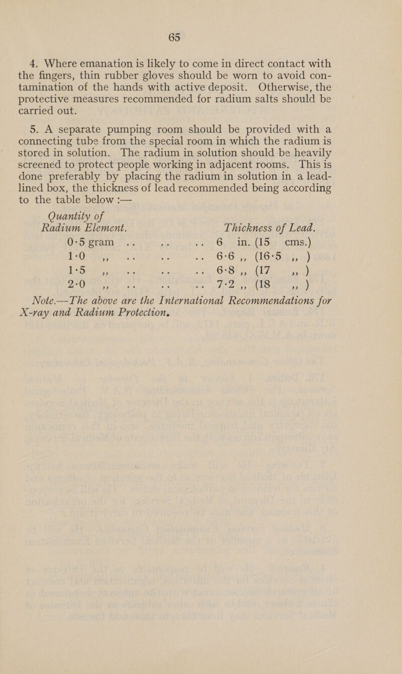 4, Where emanation is likely to come in direct contact with the fingers, thin rubber gloves should be worn to avoid con- tamination of the hands with active deposit. Otherwise, the protective measures recommended for radium salts should be carried out. 5. A separate pumping room should be provided with a connecting tube from the special room in which the radium is stored in solution. The radium in solution should be heavily screened to protect people working in adjacent rooms. This is done preferably by placing the radium in solution in a lead- lined box, the thickness of lead recommended being according to the table below :— Quantity of Radium Element. Thickness of Lead. 0:5 gram... se 2 oy Gp tne (oer Geri} Pee 52% - nie OMG { FOROre fa) DOP Re vigeiaiy, posit PEE Gee en dan s a 7 Sal igs Eee = Re ete as gO watstd®) Note.—The above are the International Recommendations for X-ray and Radium Proteciton,