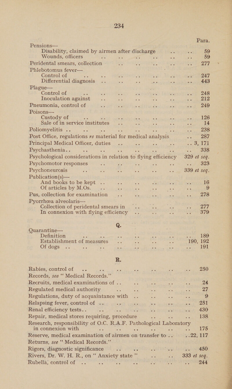 Pensions— Disability, claimed by airmen after discharge Wounds, officers a bas ut : Peridental smears, collection Phlebotomus fever— Control of $4 Differential diagnosis Plague— Control of : Inoculation against Pneumonia, control of Poisons— Custody of : Sale of in service iabitutes Poliomyelitis .. : 2 Post Office, regulations re melitoriad Ye inbcical Sfoigee Principal Medical Officer, duties Psychasthenia.. * Psychological ccnaidnraniGnett in pebaaiia ne flying a wee Psychomotor responses Psychoneurosis Publication (s)— And books to be kept Of articles by M.Os. Pus, collection for examination Pyorrhcea alveolaris— Collection of peridental smears in In connexion with flying efficiency Q. Quarantine— Definition sis Establishment of measures Of dogs R. Rabies, controlof .. Records, see ‘“‘ Medical Records.”’ Recruits, medical examinations of .. Regulated medical authority Regulations, duty of acquaintance with Relapsing fever, control of Renal efficiency tests. a. Repair, medical acid requiring, pedueaurk Para. 59 59 277 247 443 248 212 249 126 14 238 5 ae eyed dae =.) oe 329 et seq. 323 339 et seq. 16 9 278 277 379 see OS 190, 192 Spreyitee 250 24 27 1 251 430 138 in connexion with Reserve, meal Ssaminaee of airmen on. 2 ieenigfet toe. Returns, see ‘‘ Medical Records.” Rigors, diagnostic significance Rivers, Dr. W. H. R., on “‘ Anxiety shane Rubella, control of a 175 ‘ 22, 117 - 450 244 id hdr Se Let