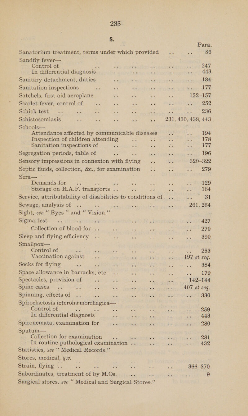 Ss. Para. Sanatorium treatment, terms under which provided Bs ne 86 Sandfly fever— Control of . “ig ig Sie ad sxe ait 247 In differential diagnosis aa a se is .. 443 Sanitary detachment, duties a ns &lt; ei ce 184 Sanitation inspections oe see a ste oa ie 177 Satchels, first aid aeroplane ai Me er as 152-157 Scarlet fever, control of as = &amp; ‘a ap oy 252 Schicktest ~.3 a oe Be a a Seen eNO Schistosomiasis ae aA ne es ae 231, 430, 438, 443 Schools— Attendance affected by communicable diseases sh we FOS Inspection of children attending ri z3 fe ae 178 Sanitation inspections of se x is a tr 177 Segregation periods, table of Bs és ro oe at LO Sensory impressions in connexion with flying .. ie 320-322 Septic fluids, collection, &amp;c., forexamination .. ie aes) ane Sera— Demands for .. ine ae i se &lt; 129 Storage on R.A.F. transports ae &amp; i 3 go &lt; bO4 Service, attributability of disabilities to conditions of. .. we. ee Sewage, analysis of .. ae ae ae i Se 261, 264 sight, see “ Eyes ”’ and “ Vision.”’ Ssigmaitest - .. -. es ait “us ait ae dite 427 Collection of fiocd for... ise oa a a sa? 270 Sleep and flying efficiency .. ei, ake ue i 0 Oe Smallpox— ; Control of “irs ‘ng ia wh ge Be va 258 Vaccination against es on is si si 197 et seq. Socks for flying eA ‘a ete Tae #! ‘ae 3. OOe Space allowance in barracks, etc. .. fe oe is ea tee Spectacles, provision of «i se ka hy ee 142-144 Spime-eases. ... a ats a at. 7 ee 407 et seq. Spinning, effects of .. ita Ms is rs Se Ja2att 330 Spirochetosis icterohemorrhagica— Control of as ‘ ate re Ps ane Pr ss ):) In differential diagnosis A cas ae ex Aes .. 443 Spironemata, examination for we si BF bas sid ? 280 Sputum— Collection for examination ss Ste om oF si 28h In routine pathological examination .. ih ae ww | 432 Statistics, see ‘‘ Medical Records.”’ Stores, medical, q.v. Strain, flying . a of ys Ys 366-370 Subordinates, treatment of ms M. Os. ae : Shs rage 9 Surgical stores, see ‘‘ Medical and Surgical Stores.”