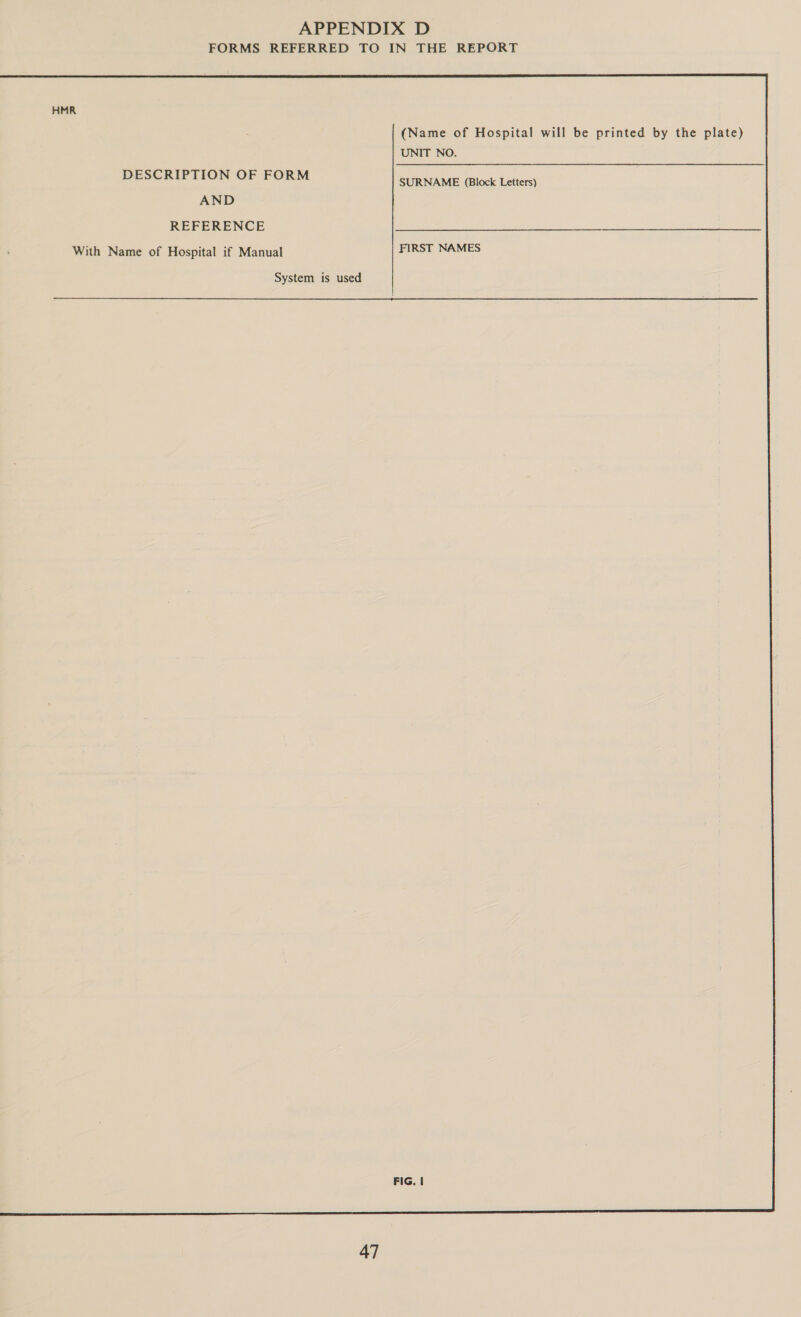 APPENDIX D FORMS REFERRED TO IN THE REPORT HMR (Name of Hospital will be printed by the plate) UNIT NO. DESCRIPTION OF FORM SURNAME (Block Letters) AND REFERENCE FIRST NAMES With Name of Hospital if Manual System is used  FIG, |