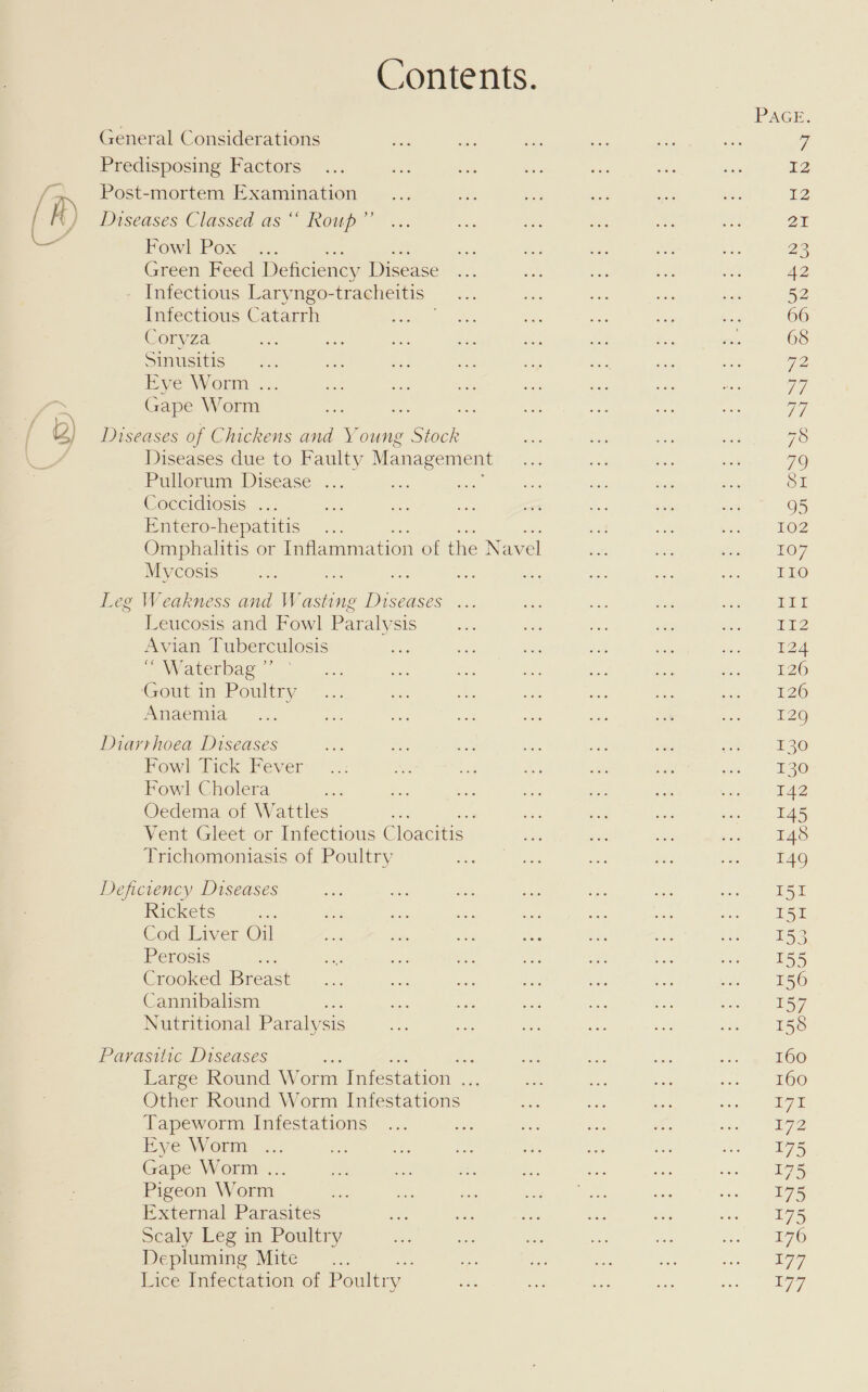 2) — Contents. General Considerations Predisposing Factors Post-mortem Examination Diseases Classed as “‘ Roup”’ Fowl Pox Green Feed Deficiency Disease Infectious Laryngo-tracheitis Infectious Catarrh , Coryza Sinusitis. Eye Worm .. Gape Worm Diseases of Chickens and y oung tee: Diseases due to Faulty Management Pullorum, Disease .... Coecidiosis. ...; Entero-hepatitis Omphalitis or Inflammation of the Navel Mycosis a Bh Leg Weakness and Wasting Diseases Leucosis and Fowl Paralysis Avian Tuberculosis “ Waterbag ”’ ‘Gout in Poultry Anaemia Diarrhoea Diseases Fowl Tick Fever Fowl! Cholera i Oedema of Wattles Vent Gleet or Infectious Claas Trichomoniasis of Poultry Deficiency Diseases Rickets ie Cod Liver Oil Perosis Crooked Bret Cannibalism Nutritional Paralysis Parasitic Diseases oi Large Round Worm Infestation Si Other Round Worm Infestations Tapeworm Infestations Eye Worm, ..: Gape Worm .. Pigeon Worm External Parasites Scaly Leg in Poultry Depluming Mite Lice Infectation of Poultry PAGE: I2 12 21 23 42 52 66 68 hz Vi. Thee 78 79 SI 95 LOZ 107, IIo PEL ni 124 126 126 129 130 130 142 145 148 149 I5I 151 153 155 156 157 158 160 160 ya 2 175 3 7/ 175 175 176 T77 ae.