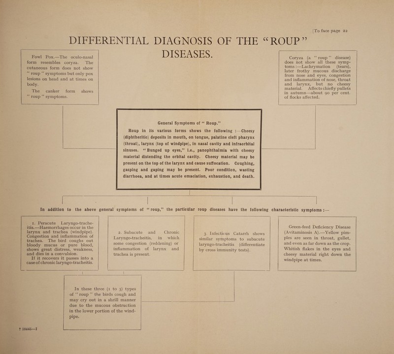 [To face page 22 lesions on head and at times on body. The canker form shows “ roup ’’? symptoms.    Coryza (a “‘roup”’ disease) does not show all these symp- toms :—Lachrymation (tears), later frothy mucous discharge from nose and eyes, congestion and inflammation of nose, throat and larynx, but no _ cheesy material. Affects chiefly pullets in autumn—about 90 per cent. of flocks affected.    1. Peracute Laryngo-trache- itis. —Haemorrhages occur in the larynx and trachea (windpipe). Congestion and inflammation of trachea. The bird coughs out bloody mucus or pure blood, shows great distress, weakness, and dies in a convulsion. If it recovers it passes into a case of chronic laryngo-tracheitis.  2. Subacute and Chronic Laryngo-tracheitis, in which some congestion (reddening) or inflammation of larynx and trachea is present.  3. Infecticus Catarrh shows similar symptoms to subacute laryngo-tracheitis (differentiate by cross immunity tests).  Green-feed Deficiency Disease (Avitaminosis A).—Yellow pim- ples are seen in throat, gullet, and even as far down as the crop. Whitish flakes in the eyes and cheesy material right down the windpipe at times.    |  In these three (1 to 3) types of ‘‘roup ’’ the birds cough and may cry out in a shrill manner Be due to the mucous obstruction rs a in the lower portion of the wind- pipe.     ft 18445—I