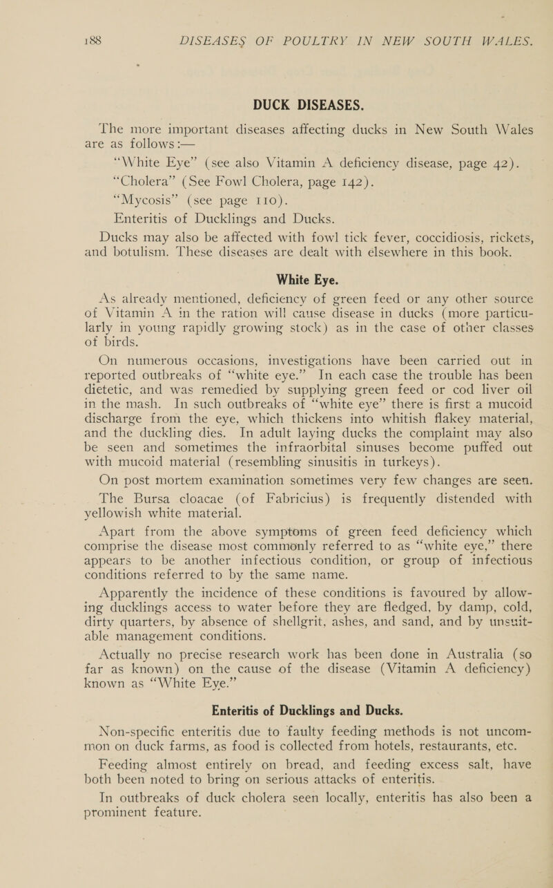 DUCK DISEASES. The more important diseases affecting ducks in New South Wales are as follows :— “White Eye” (see also Vitamin A deficiency disease, page 42). “Cholera” (See Fowl Cholera, page 142). “Mycosis “(see page. 110). Enteritis of Ducklings and Ducks. Ducks may also be affected with fowl tick fever, coccidiosis, rickets, and botulism. These diseases are dealt with elsewhere in this book. White Eye. As already mentioned, deficiency of green feed or any other source of Vitamin A in the ration will cause disease in ducks (more particu- larly in young rapidly growing stock) as in the case of otner classes ot birds. On numerous occasions, investigations have been carried out in reported outbreaks of “white eye.” In each case the trouble has been dietetic, and was remedied by supplying green feed or cod liver oil in the mash. In such outbreaks of “white eye” there is first a mucoid discharge from the eye, which thickens into whitish flakey material, and the duckling dies. In adult laying ducks the complaint may also be seen and sometimes the infraorbital sinuses become puffed out with mucoid material (resembling sinusitis in turkeys). On post mortem examination sometimes very few changes are seen. The Bursa cloacae (of Fabricius) is frequently distended with yellowish white material. Apart from the above symptoms of green feed deficiency which comprise the disease most commonly referred to as “white eye,” there appears to be another infectious condition, or group of infectious conditions referred to by the same name. Apparently the incidence of these conditions is favoured by allow- ing ducklings access to water before they are fledged, by damp, cold, dirty quarters, by absence of shellgrit, ashes, and sand, and by unsuit- able management conditions. Actually no precise research work has been done in Australia (so far as known) on the cause of the disease (Vitamin A deficiency) known as “White Eye.” Enteritis of Ducklings and Ducks. Non-specific enteritis due to faulty feeding methods is not uncom- mon on duck farms, as food is collected from hotels, restaurants, etc. Feeding almost entirely on bread, and feeding excess salt, have both been noted to bring on serious attacks of enteritis. In outbreaks of duck cholera seen locally, enteritis has also been a prominent feature.