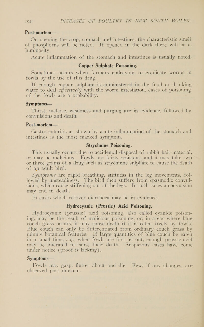 Post-mortem— On opening the crop, stomach and intestines, the characteristic smell of phosphorus will be noted. If opened in the dark there will be a luminosity. Acute inflammation of the stomach and intestines is usually noted. Copper Sulphate Poisoning. Sometimes occurs when farmers endeavour to eradicate worms in fowls by the use of this drug. If enough copper sulphate is administered in the food or drinking water to deal effectively with the worm infestation, cases of poisoning of the fowls are a probability. Symptoms— Thirst, malaise, weakness and purging are in evidence, followed by convulsions and death. Post-mortem— Gastro-enteritis as shown by acute inflammation of the stomach and intestines is\ the most marked symptom. Strychnine Poisoning. This usually occurs due to accidental disposal of rabbit bait material, or may be malicious. Fowls are fairly resistant, and it may take two or three grains of a drug such as strychnine sulphate to cause the death of an adult bird. Symptoms are rapid breathing, stiffness in the leg movements, fol- lowed by unsteadiness. The bird then suffers from spasmodic convul- sions, which cause stiffening out of the legs. In such cases a convulsion may end in death. In cases which recover diarrhoea may be in evidence. Hydrocyanic (Prussic) Acid Poisoning. Hydrocyanic (prussic) acid poisoning, also called cyanide poison- ing, may be the result of malicious poisoning, or, in areas where blue couch grass occurs, it may cause death if it is eaten freely by fowls. Blue couch can only be differentiated from ordinary couch grass by minute botanical features. If large quantities of blue couch be eaten in a small time, e.g., when fowls are first let out, enough prussic acid may be liberated to cause their death. Suspicious cases have come sander notice (proof is lacking). Symptoms— Fowls may gasp, flutter about and die. Few, if any changes, are observed post mortem.