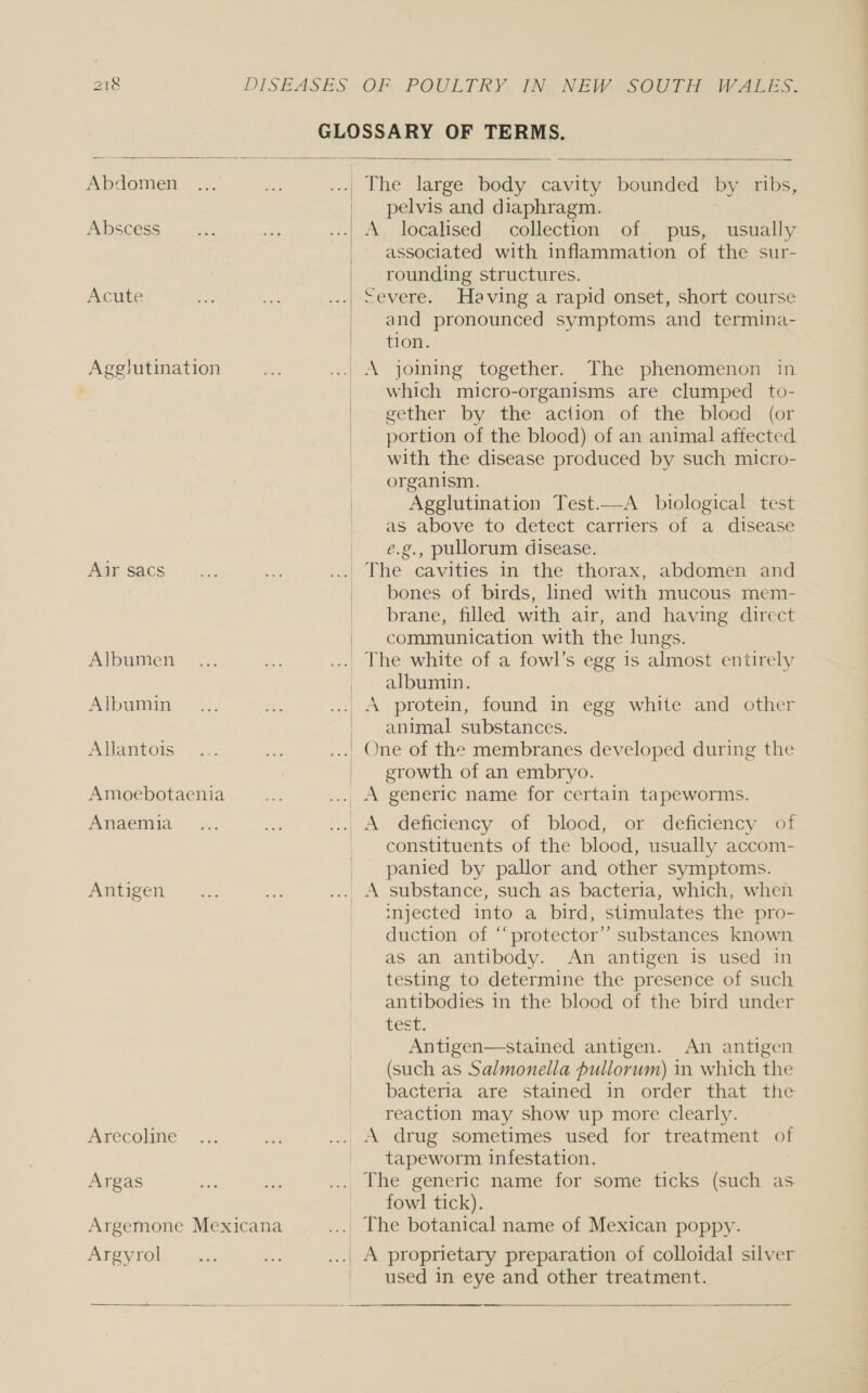 GLOSSARY OF TERMS.   Abdomen ... ce ...| The large body cavity bounded by ribs, | pelvis and diaphragm. Abscess — 2. oe .... A localised collection of pus, usually associated with inflammation of the sur- rounding structures. Acute a ae ...| Severe. Having a rapid onset, short course and pronounced symptoms and termina- tion. Agglutination a ... A joining together. The phenomenon in _ which micro-organisms are clumped to- gether by the action of the blood (or portion of the blood) of an animal affected with the disease produced by such micro- organism. Agglutination Test.—A biological test as above to detect carriers of a disease e.g., pullorum disease. Agrsacs 3.3 nee ...| The cavities in the thorax, abdomen and bones of birds, lined with mucous mem- brane, filled with air, and having direct communication with the lungs. Albumen “.,. ee .... The white of a fowl’s egg is almost entirely | albumin. Albumin. .... ti ...| A protein, found in egg while and other animal substances. Allantois ... ie .... One of the membranes developed during the | growth of an embryo. Amoebotaenia _.... ... A generic name for certain tapeworms. Anaemia... ae ...| A deficiency of blood, or deficiency of constituents of the blood, usually accom- panied by pallor and other symptoms. Antigen... om ... A substance, such as bacteria, which, when | injected into a bird, stimulates the pro- duction of ‘protector’ substances known as an antibody. An antigen is used in testing to determine the presence of such antibodies in the blood of the bird under LOSE. Antigen—stained antigen. An antigen (such as Salmonella pullorum) in which the bacteria are stained in order that the reaction may show up more clearly.  Arecolne <.. nfs ...| A drug sometimes used for treatment of tapeworm infestation. Argas aie ae ... The generic name for some ticks (such as. | fowl tick). Argemone Mexicana ... The botanical name of Mexican poppy. Areyroll ga. fe .... A proprietary preparation of colloidal silver used in eye and other treatment.  