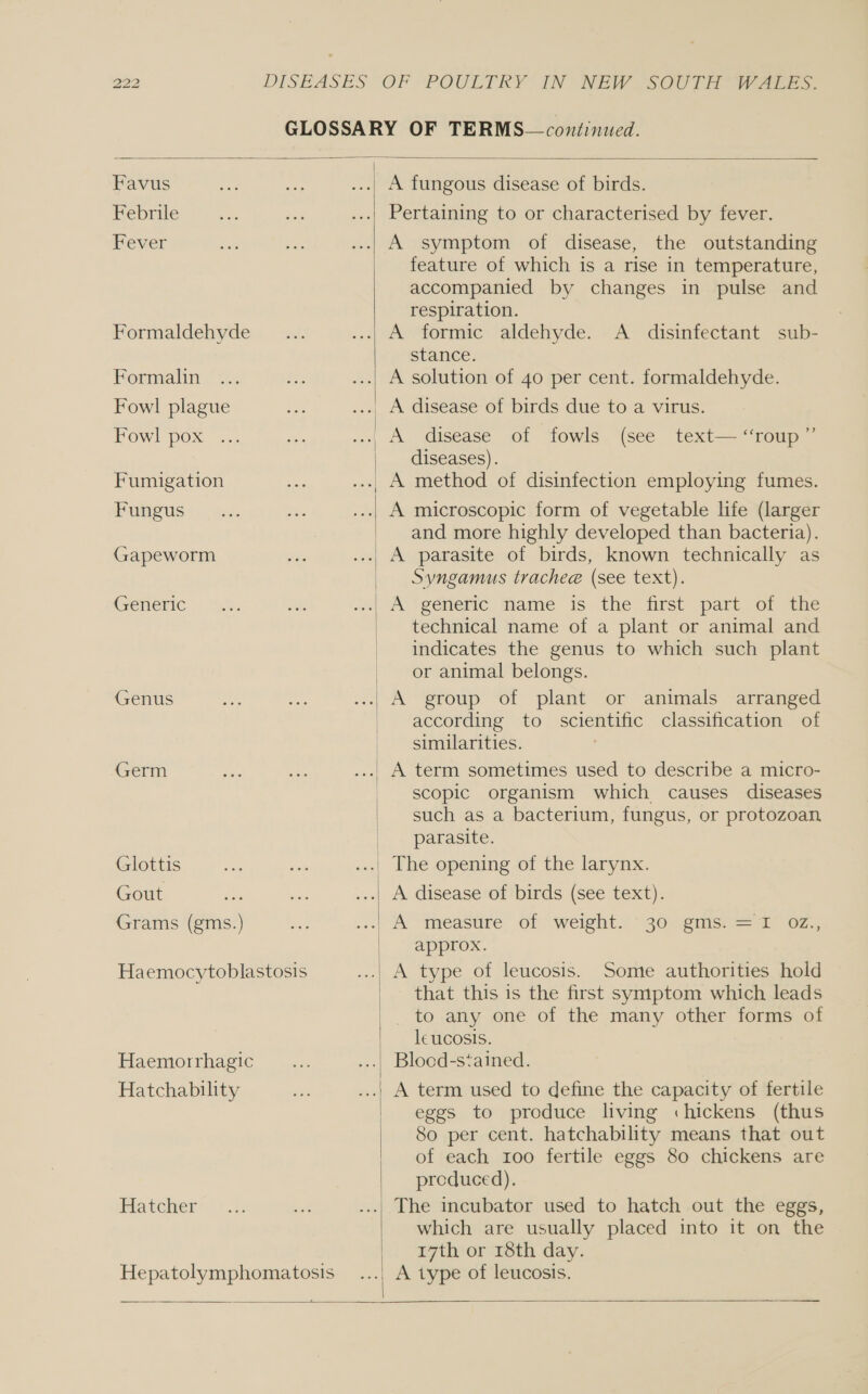  Favus Febrile Fever Formaldehyde Formalin Fowl plague Fowl pox Fumigation Fungus Gapeworm Generic Genus Germ Glottis Gout Grams (gms.) Haemocytoblastosis Haemorrhagic Hatchability Hatcher Hepatolymphomatosis  A fungous disease of birds. Pertaining to or characterised by fever. A symptom of disease, the outstanding feature of which is a rise in temperature, accompanied by changes in pulse and respiration. A formic aldehyde. A_ disinfectant sub- stance. A solution of 40 per cent. formaldehyde. diseases). and more highly developed than bacteria). A parasite of birds, known technically as Syngamus trachee (see text). technical name of a plant or animal and indicates the genus to which such plant or animal belongs. A group of plant or animals arranged according to scientific classification of similarities. scopic organism which causes diseases such as a bacterium, fungus, or protozoan. parasite. approx. A type of leucosis. Some authorities hold that this is the first symptom which leads _ to any one of the many other forms of leucosis. Blood-s‘ained. A term used to define the capacity of fertile eggs to produce living chickens (thus 8o per cent. hatchability means that out of each 100 fertile eggs 80 chickens are produced). which are usually placed into it on the 17th or 18th day.  