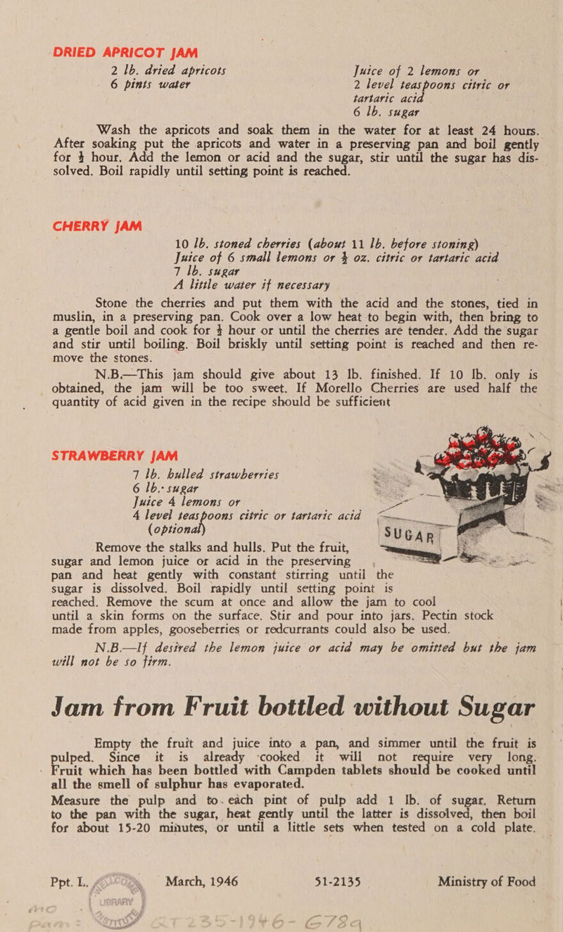 DRIED APRICOT JAM 2 1b. dried apricots Juice of 2 lemons or 6 pints water 2 level teaspoons citric or | tartaric acid 6 1b. sugar Wash the apricots and soak them in the water for at least 24 hours. After soaking put the apricots and water in a preserving pan and boil gently for 4 hour. Add the lemon or acid and the sugar, stir until the sugar has dis- solved. Boil rapidly until setting point is reached. CHERRY JAM 10 1b. stoned cherries (about 11 1b. before stoning) Juice of 6 small lemons or 4 oz. citric or tartaric acid 7 Ib. sugar A little water if necessary Stone the cherries and put them with the acid and the stones, tied in muslin, in a preserving pan. Cook over a low heat to begin with, then bring to a gentle boil and cook for 4 hour or until the cherries aré tender. Add the sugar and stir until boiling. Boil briskly until setting point is reached and then re- move the stones. N.B.—This jam should give about 13 Ib. finished. If 10 Ib. only is obtained, the jam will be too sweet. If Morello Cherries are used half the quantity of acid given in the recipe should be sufficient STRAWBERRY JAM 7 lb. bulled strawberries 6 1b.: sugar Juice 4 lemons or 4 level teaspoons citric or tartaric acid repent 4 Remove the stalks and hulls. Put the fruit, sugar and lemon juice or acid in the preserving pan and heat gently with constant stirring until the sugar is dissolved. Boil rapidly until setting point is reached. Remove the scum at once and allow the jam to cool until a skin forms on the surface. Stir and pour into jars. Pectin stock made from apples, gooseberries or redcurrants could also be used. N.B.—If desired the lemon juice or acid may be omitted but the jam will not be so firm.  Jam from Fruit bottled without Sugar Empty the fruit and juice into a pan, and simmer until the fruit is pulped. Since it is already ‘cooked it will mot require very long. - Fruit which has been bottled with Campden tablets should be cooked until all the smell of sulphur has evaporated. Measure the pulp and to.each pint of pulp add 1 Ib. of sugar. Return to the pan with the sugar, heat gently until the latter is dissolved, then boil for about 15-20 minutes, or until a little sets when tested on a cold plate. Ppt. L. , . | March, 1946 51-2135 Ministry of Food