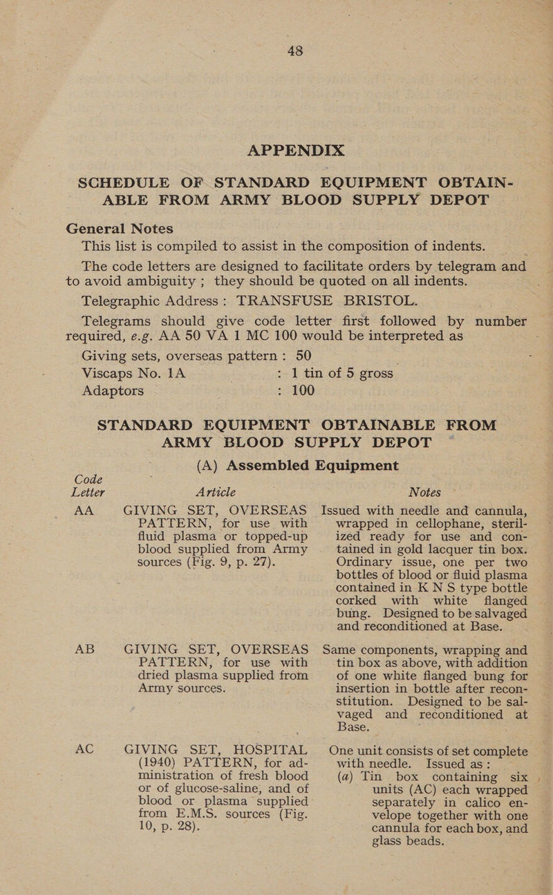 APPENDIX SCHEDULE OF STANDARD EQUIPMENT OBTAIN- ABLE FROM ARMY BLOOD SUPPLY DEPOT General Notes This list is compiled to assist in the composition of indents. = The code letters are designed to facilitate orders by telegram and to avoid ambiguity ; they should be quoted on all indents. Telegraphic Address: TRANSFUSE BRISTOL. Telegrams should give code letter first followed by number required, e.g. AA 50 VA 1 MC 100 would be interpreted as _ Giving sets, overseas pattern: 50 Viscaps No. 1A :-1 tin of 5 gross Adaptors helt 2 B00 STANDARD EQUIPMENT OBTAINABLE FROM ARMY BLOOD SUPPLY DEPOT ~ (A) Assembled Equipment Code Letter Article Notes AA GIVING SET, OVERSEAS Issued with needle and cannula, PATTERN, for use with wrapped in cellophane, steril- fluid plasma or topped-up ized ready for use and con- blood supplied from Army tained in gold lacquer tin box. sources (Fig. 9, p. 27). Ordinary issue, one per two bottles of blood or fluid plasma contained in K N S type bottle corked with white flanged bung. Designed to be salvaged and reconditioned at Base. AB GIVING SET, OVERSEAS Same components, wrapping and PATTERN, for use with tin box as above, with addition dried plasma supplied from of one white flanged bung for Army sources. insertion in bottle after recon- stitution. Designed to be sal- vaged and reconditioned at Base. AC GIVING SET, HOSPITAL One unit consists of set complete (1940) PATTERN, for ad- with needle. Issued as: ministration of fresh blood (a) Tin box containing six , or of glucose-saline, and of units (AC) each wrapped blood or plasma supplied: separately in calico en- from E.M.S. sources (Fig. velope together with one 10, p. 28). cannula for each box, and glass beads.