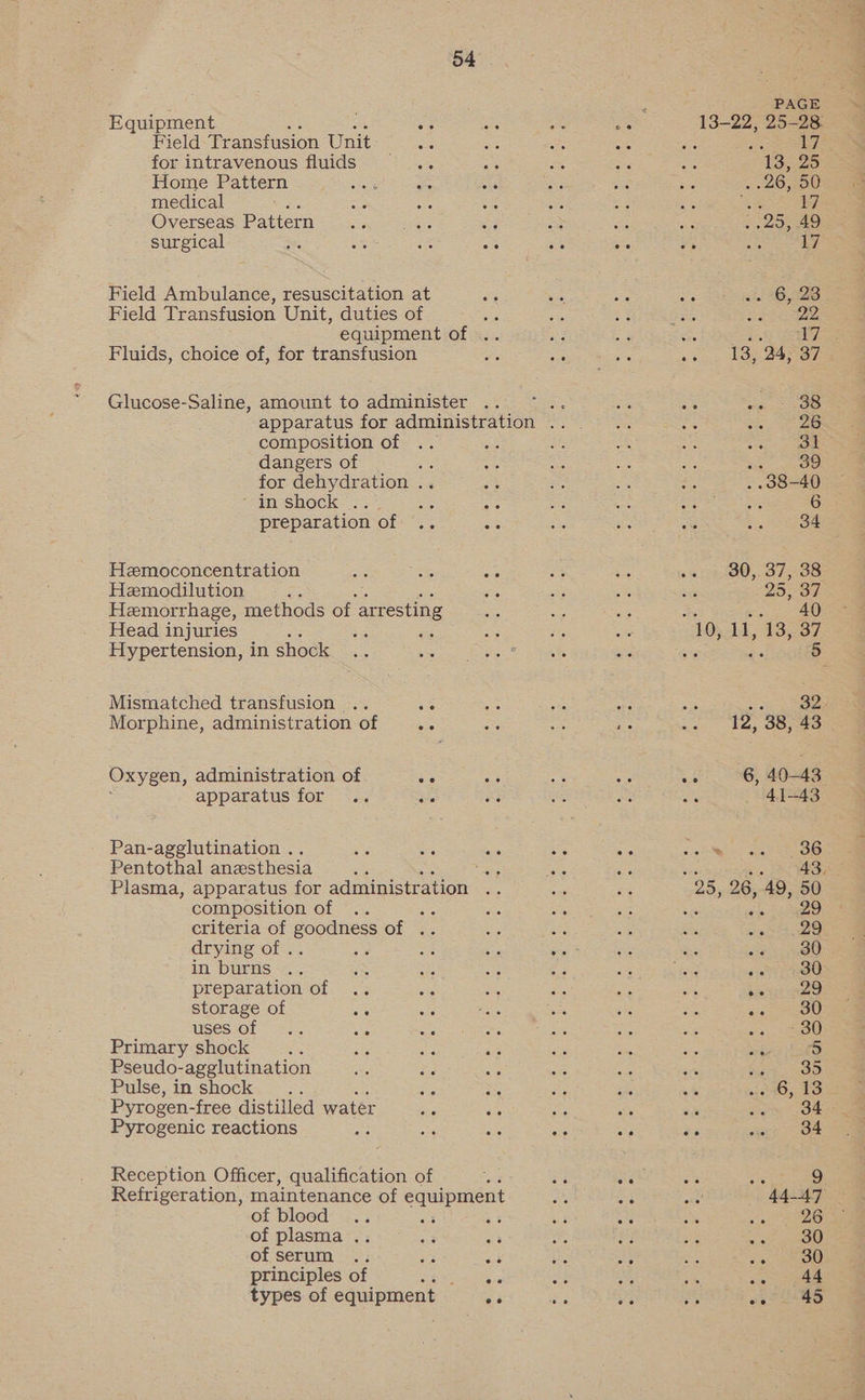 Equipment 3 Field Transfusion Unit for intravenous fluids mA Home Pattern Sn cs an medical Overseas Pattern its Le surgical ste a 2 Ae Field Ambulance, resuscitation at Field Transfusion Unit, duties of ea equipment of .. Fluids, choice of, for transfusion Glucose-Saline, amount to administer .. composition of dangers of ce for dehydration .. tn shock...” ae os preparation of .. as Hemoconcentration ae Be ae Hemodilution Hemorrhage, methods of ‘arresting Head injuries is se Hypertension, in shock Mismatched transfusion .. ae Morphine, administration of re Oxygen, administration of oe 28 apparatus for .. ae Re Pan-agglutination . Pentothal anaesthesia i Plasma, apparatus for administration composition of Ae criteria of goodness of .. drying of .. in burns preparation of storage of A uses of Primary shock Pseudo-agglutination ye Ar Pulse,in shock . Ae Pee Pyrogen- free distilled water ae $0 Pyrogenic reactions a - Reception Officer, qualification of sid Refrigeration, maintenance of equipment of blood .. a a of plasma .. 3 fa: of serum .. oe ae principles of ae we types of equipment ee PAGE 38 26 31 39 6 34 25,07 40 5 32. 41-43 36 43. 29 29 30 30