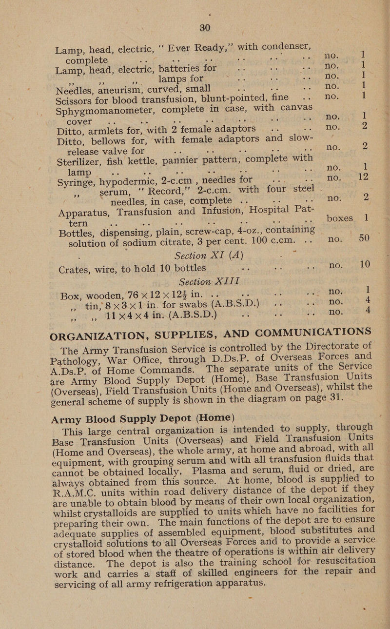 Lamp, head, electric, ‘‘ Ever Ready,” with condenser, complete ra ica as aie 5 sat Aw 1 Lamp, head, electric, batteries for a sh piled @o¥5 1 fa Re be lamps for eae Bi Peccmgyrn\aye 1 Needles, aneurism, curved, small A ka Aaah 2 0)8 1 Scissors for blood transfusion, blunt-pointed, fine .. no. 1 Sphygmomanometer, complete in case, with canvas cover... ee ee BS, ny si Lan) JDO: 1 Ditto, armlets for, with 2 female adaptors. .. eas 2 Ditto, bellows for, with female adaptors and slow- release valve for oe ee ee bas ee a 4 Sterilizer, fish kettle, pannier pattern, complete with lamp Be oo a oe a Be ; no. 1 Syringe, hypodermic, 2-c.cm , needles for oe Hip: is ears pe i serum, ‘‘ Record,” 2-c.cm. with four steel . needles, in case, complete .. oe petted © 34 2 Apparatus, Transfusion and Infusion, Hospital Pat- tern Be wie sid Ba oh sss sic) pO mesure 2 Bottles, dispensing, plain, screw-cap, 4-02., containing solution of sodium citrate, 3 per cent. 100 c.cm. .. No. 50 : Section XI (A) ot on Crates, wire, to hold 10 bottles — 2 = Tee SAEOR 10 Section XIII Box, wooden, 76 X12 x123in. .. ef ae ade SDs 1 , tin, 8x3x1 in. for swabs (A.BiSeDI i) ooh. ani 4 >» 11x44 in. (A.B.S.D.) a ot fiji Aas a ORGANIZATION, SUPPLIES, AND COMMUNICATIONS The Army Transfusion Service is controlled by the Directorate of Pathology, War Office, through D.Ds.P. of Overseas Forces and A.Ds.P. of Home Commands. The separate units of the Service are Army Blood Supply Depot (Home), Base Transfusion Units (Overseas), Field Transfusion Units (Home and Overseas), whilst the general scheme of supply is shown in the diagram on page 31. Army Blood Supply Depot (Home) This large central organization is intended to supply, through Base Transfusion Units (Overseas) and Field Transfusion Units (Home and Overseas), the whole army, at home and abroad, with all equipment, with grouping serum and with all transfusion fluids that cannot be obtained locally, Plasma and serum, fluid or dried, are always obtained from this source. At home, blood is supplied to R.A.M.C. units within road delivery distance of the depot if they are unable to obtain blood by means of their own local organization, whilst crystalloids are supplied to units which have no facilities for preparing their own. The main functions of the depot are to ensure adequate supplies of assembled equipment, blood substitutes and crystalloid solutions to all Overseas Forces and to provide a service of stored blood when the theatre of operations is within air delivery distance. The depot is also the training school for resuscitation work and carries a staff of skilled engineers for the repair and servicing of all army refrigeration apparatus.
