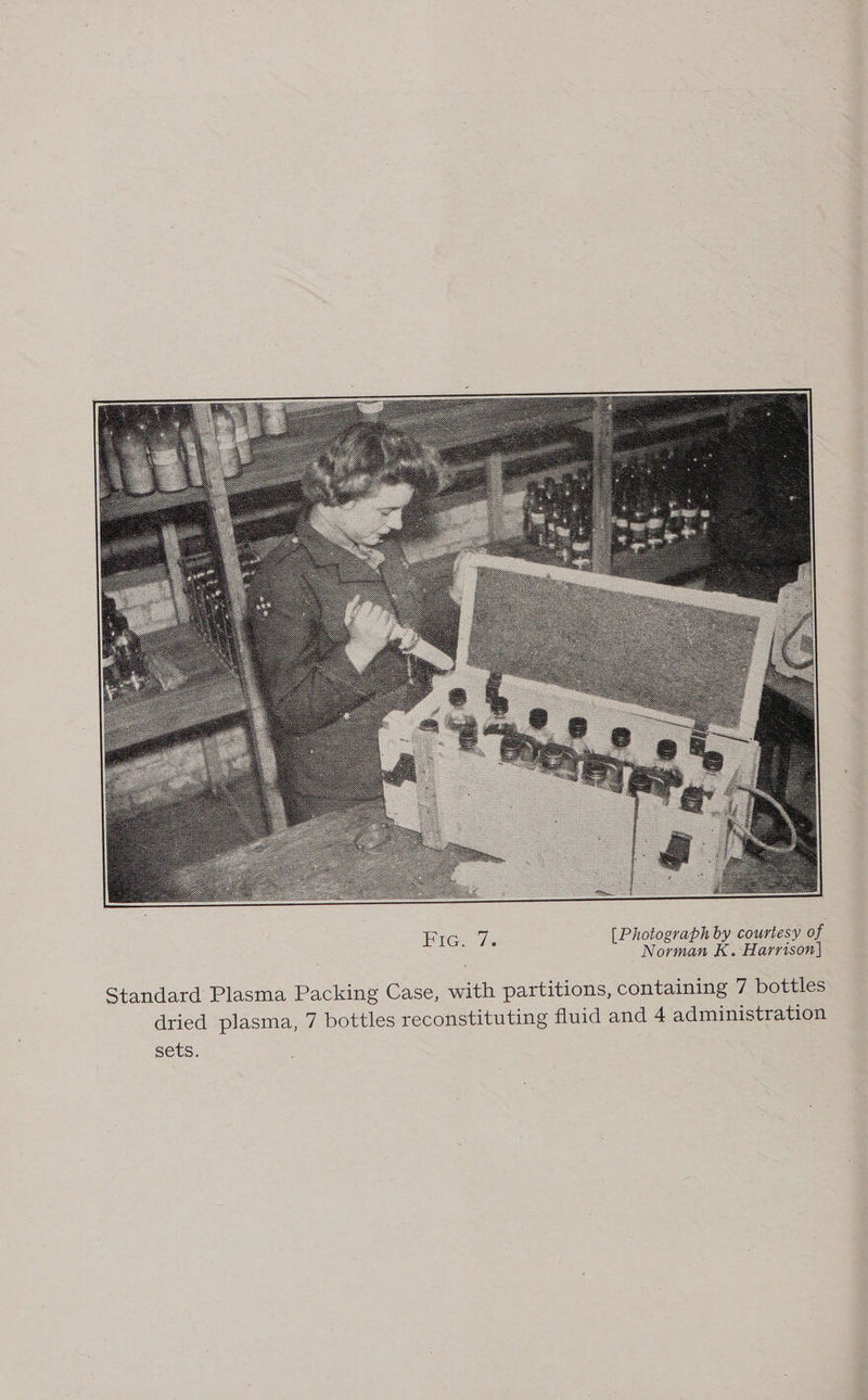  Bice A [Photograph by courtesy of Norman K. Harrison] Standard Plasma Packing Case, with partitions, containing 7 bottles dried plasma, 7 bottles reconstituting fluid and 4 administration sets.