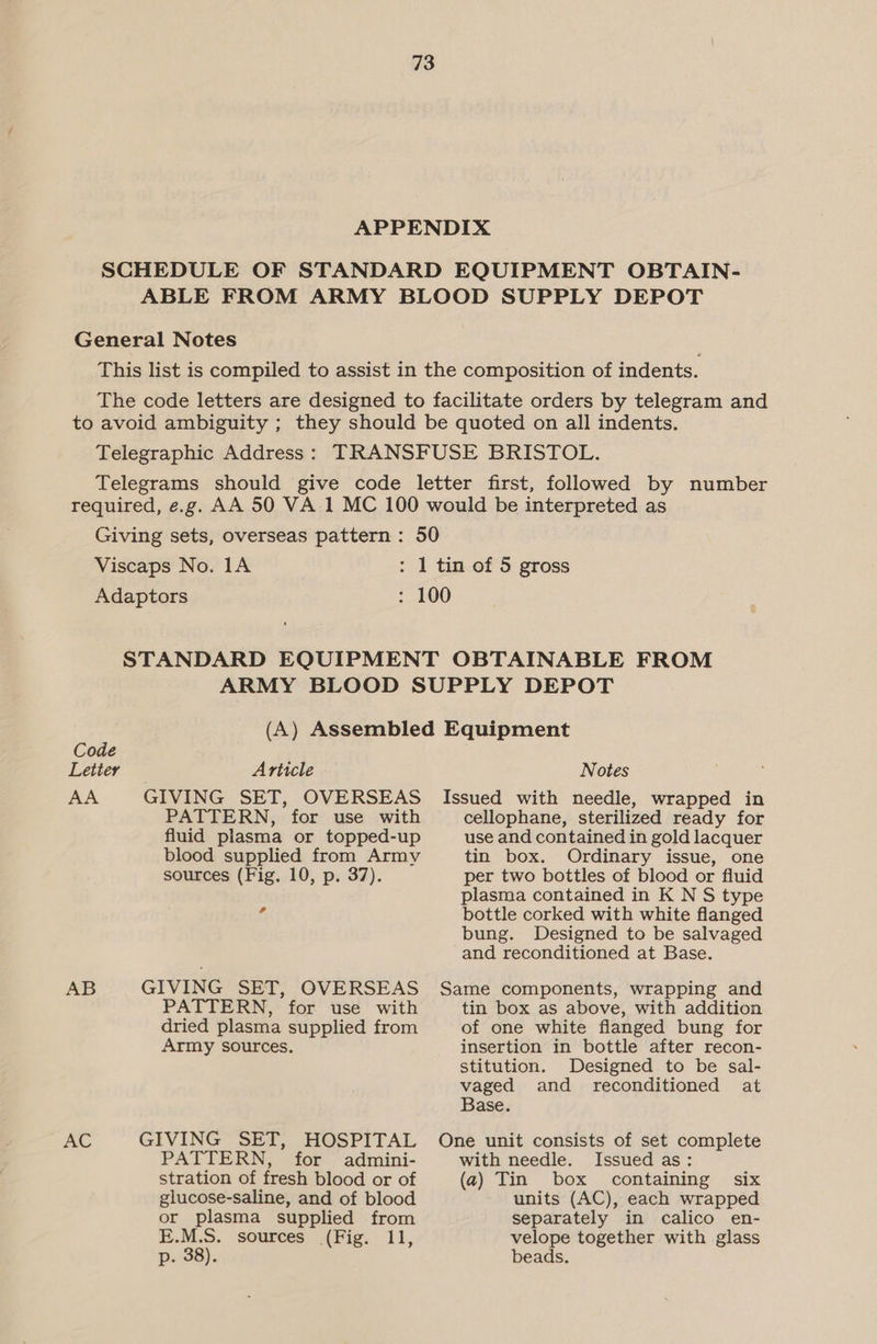 APPENDIX SCHEDULE OF STANDARD EQUIPMENT OBTAIN- ABLE FROM ARMY BLOOD SUPPLY DEPOT General Notes This list is compiled to assist in the composition of indents. The code letters are designed to facilitate orders by telegram and to avoid ambiguity ; they should be quoted on all indents. Telegraphic Address: TRANSFUSE BRISTOL. Telegrams should give code letter first, followed by number required, e.g. AA 50 VA 1 MC 100 would be interpreted as Giving sets, overseas pattern: 50 Viscaps No. 1A : 1 tin of 5 gross Adaptors : 100 STANDARD EQUIPMENT OBTAINABLE FROM ARMY BLOOD SUPPLY DEPOT (A) Assembled Equipment Code Letter AA Notes Issued with needle, wrapped in Article GIVING SET, OVERSEAS PATTERN, for use with fluid plasma or topped-up blood supplied from Army sources (Fig. 10, p. 37). &amp; GIVING SET, QVERSEAS PATTERN, for use with dried plasma supplied from Army sources. GIVING SET, HOSPITAL PATTERN, for admini- stration of fresh blood or of glucose-saline, and of blood or plasma supplied from E.M.S. sources (Fig. 11, p. 38). cellophane, sterilized ready for use and contained in gold lacquer tin box. Ordinary issue, one per two bottles of blood or fluid plasma contained in K N S type bottle corked with white flanged bung. Designed to be salvaged and reconditioned at Base. tin box as above, with addition of one white flanged bung for insertion in bottle after recon- stitution. Designed to be sal- vaged and _ reconditioned at Base. with needle. Issued as: (a) Tin box containing six units (AC), each wrapped separately in calico en- velope together with glass beads.
