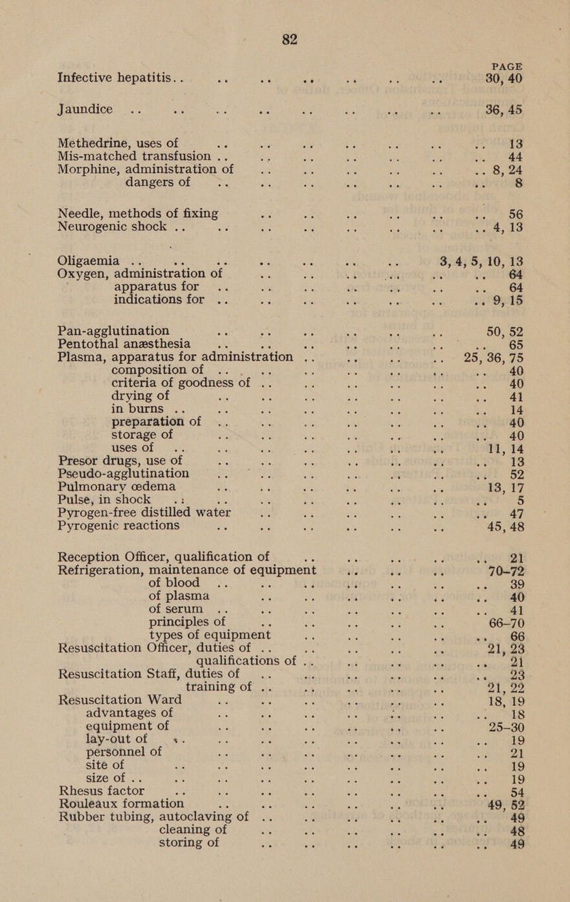 Infective hepatitis. . Jaundice Methedrine, uses of Ws Mis-matched transfusion .. Morphine, administration of dangers of Needle, methods of Suna Neurogenic shock .. Oligaemia Oxygen, administration of apparatus for indications for Pan-agglutination Pentothal anzsthesia composition of As criteria of goodness of .. drying of dis in burns . preparation of storage of uses of .. Presor drugs, use of Pseudo-agglutination Pulmonary oedema Pulse, in shock Pyrogen-free distitied water Pyrogenic reactions Reception Officer, qualification of of blood of plasma of serum principles of types of equipment Resuscitation Officer, duties of .. qualifications of . Resuscitation Staff, duties of training of .. Resuscitation Ward advantages of equipment of lay-out of a. personnel of site of size of .. Rhesus factor Rouleaux formation Rubber tubing, autoclaving of cleaning of storing of 50, 52 65 25, 36, 75