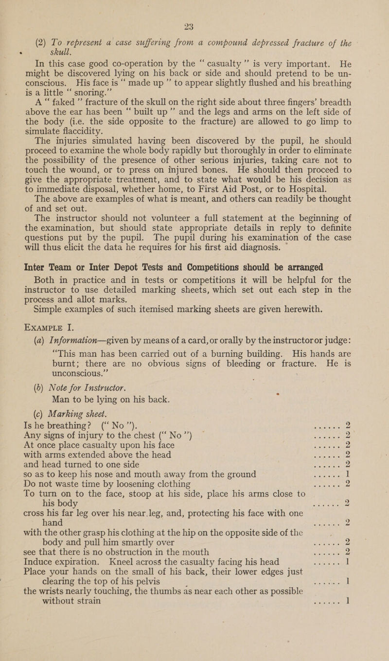 e (2) To. represent a case suffering from a compound depressed fracture of the skull. In this case good co-operation by the “ casualty’ is very important. He might be discovered lying on his back or side and should pretend to be un- conscious. His face is ‘‘ made up ”’ to appear slightly flushed and his breathing is a little “ snoring.”’ A “ faked ”’ fracture of the skull on the right side about three fingers’ breadth above the ear has been “ built up’ and the legs and arms on the left side of the body (i.e. the side opposite to the fracture) are allowed to go limp to simulate flaccidity. The injuries simulated having been discovered by the pupil, he should proceed to examine the whole body rapidly but thoroughly in order to eliminate the possibility of the presence of other serious injuries, taking care not to touch the wound, or to press on injured bones. He should then proceed to give the appropriate treatment, and to state what would be his decision as to immediate disposal, whether home, to First Aid Post, or to Hospital. The above are examples of what is meant, and others can readily be thought of and set out. The instructor should not volunteer a full statement at the beginning of the examination, but should state appropriate details in reply to definite questions put by the pupil. The pupil during his examination of the case will thus elicit the data he requires for his first aid diagnosis. © 66 Inter Team or Inter Depot Tests and Competitions should be arranged Both in practice and in tests or competitions it will be helpful for the instructor to use detailed marking sheets, which set out each step in the process and allot marks. Simple examples of such itemised marking sheets are given herewith. EXAMPLE I, (a) Information—given by means of a card, or orally by the instructoror judge: “This man has been carried out of a burning building. His hands are burnt; there are no obvious signs of bleeding or fracture. He is unconscious.’ (6) Note for Instructor. Man to be lying on his back. (c) Marking sheet. oe eMCa Gre INO! Vie wi aha Se ly se 2 tn Seat eth ala Ble 2 pivectans Of myury 20 -1ie.chest ( Noy or ea oie 2 eronce wlcercacualty upon his face fs ee eS cae 2 wiitaeamms extended apove tnevHead: =. 4 6) iy he eyes 2 Ete PEC CUO OMCLSIG ot i te a hay al ae 2 so as to keep his nose and mouth away from the ground =—_...... 1 Doe nevwaste tune by Joosenineg clothing... ep el ee he ae 2 To turn on to the face, stoop at his side, place his arms close to IG SOUS 0 tidal ite oS oy Mae Karen eae ee gee eee ns mes ir SUR a hs Okan oer er re te 2 cross his far leg over his near.leg, and, protecting his face with one sta Sn PM ede OO ers nee UR le hao ca 2 with the other grasp his clothing at the hip on the opposite side of the 5 boa dia pullnimn Sinattly Over = ye te ee Bees 2 See tliat tiereds.mo obstruction 1 themouth = ts gael ecayers 2 Induce expiration. Kneel across the casualty facing hishead —...... | Place your hands on the small of his back, their lower edges just clearing the top of his pelvis Sata eh the wrists nearly touching, the thumbs as near each other as possible Sr CHGMR ISIE Siac mesa IT ce tes ae gr es er athe ]