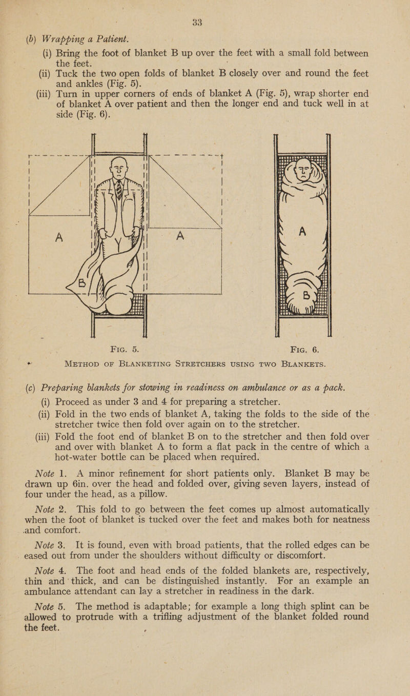 (b) Wrapping a Patient. (i) Bring the foot of blanket B up over the feet with a small fold between the feet. (ii) Tuck the two open folds of blanket B closely over and round the feet and ankles (Fig. 5). (iii) Turn in upper corners of ends of blanket A (Fig. 5), wrap shorter end of blanket A over patient and then the longer end and tuck well in at side (Fig. 6).  (c) Preparing blankets for stowing 1m readiness on ambulance or as a pack. (i) Proceed as under 3 and 4 for preparing a stretcher. (ii) Fold in the two ends of blanket A, taking the folds to the side of the | stretcher twice then fold over again on to the stretcher. (iii) Fold the foot end of blanket B on to the stretcher and then fold over | and over with blanket A to form a flat pack in the centre of which a hot-water bottle can be placed when required. Note 1. A minor refinement for short patients only. Blanket B may be. drawn up 6in. over the head and folded over, giving seven layers, instead of four under the head, as a pillow. Note 2. This fold to go between the feet comes up almost automatically when the foot of blanket is tucked over the feet and makes both for neatness .and comfort. Note 3. It is found, even with broad patients, that the rolled edges can be _ eased out from under the shoulders without difficulty or discomfort. Note 4. The foot and head ends of the folded blankets are, respectively, thin and ‘thick, and can be distinguished instantly. For an example an ambulance attendant can lay a stretcher in readiness in the dark. Note 5. The method is adaptable; for example a long thigh splint can be allowed to protrude with a trifling adjustment of the blanket folded round the feet. 5