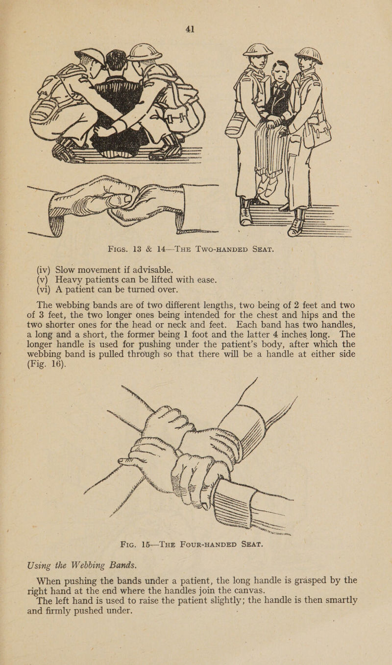 ip ye eee es cet Figs. 13 & 14—THE Two-HANDED SEAT. (iv) Slow movement if advisable. (v) Heavy patients can be lifted with ease. (vi) A patient can be turned over. The webbing bands are of two different lengths, two being of 2 feet and two of 3 feet, the two longer ones being intended for the chest and hips and the two shorter ones for the head or neck and feet. Each band has two handles, a long and a short, the former being 1 foot and the latter 4 inches long. The longer handle is used for pushing under the patient’s body, after which the webbing band is pulled through so that there will be a handle at either side (Fig. 16). Using the Webbing Bands. When pushing the bands under a patient, the long handle is grasped by the right hand at the end where the handles join the canvas. The left hand is used to raise the patient slightly; the handle is then smartly and firmly pushed under.